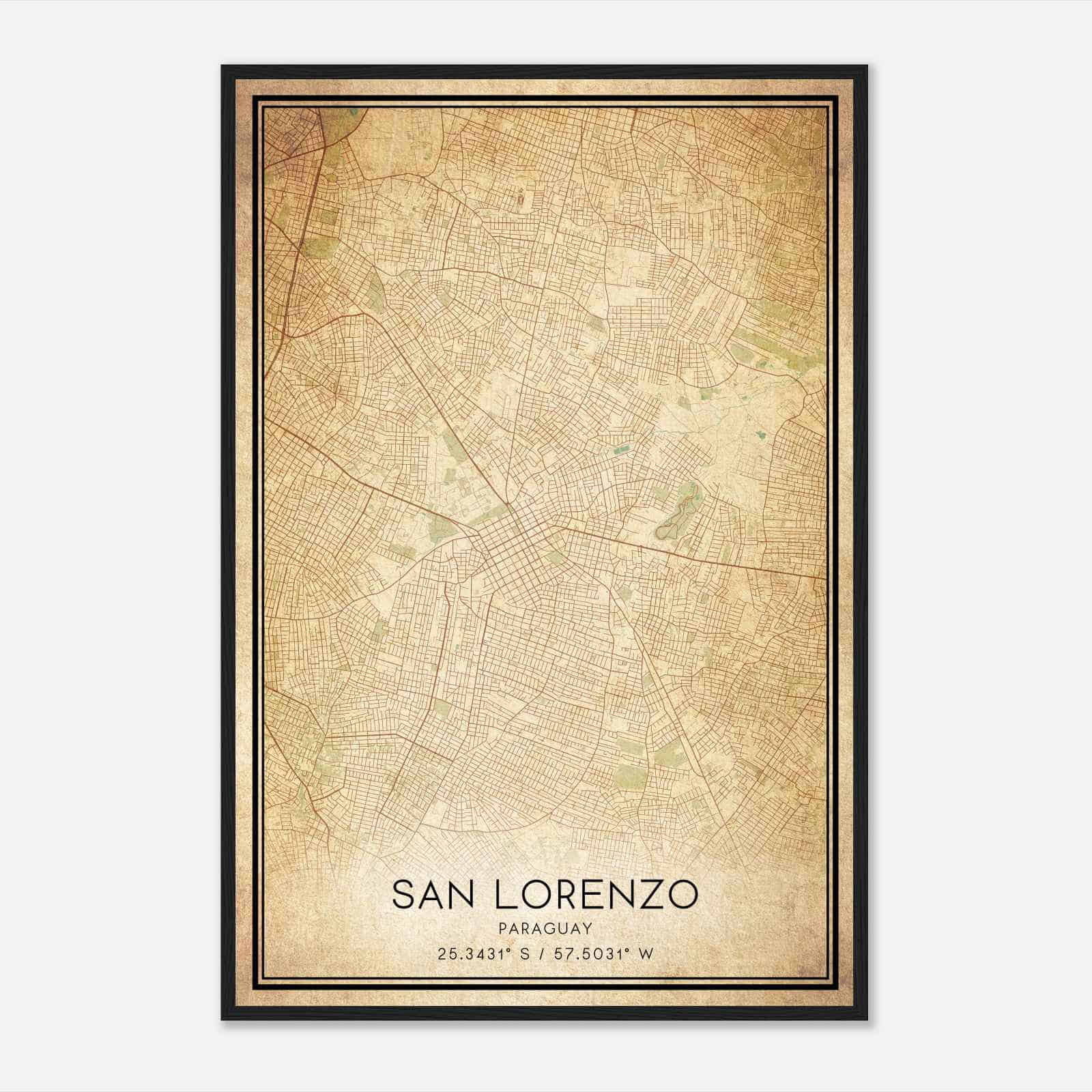 Vintage San Lorenzo Paraguay Map Poster, San Lorenzo City Road Wall Art Print