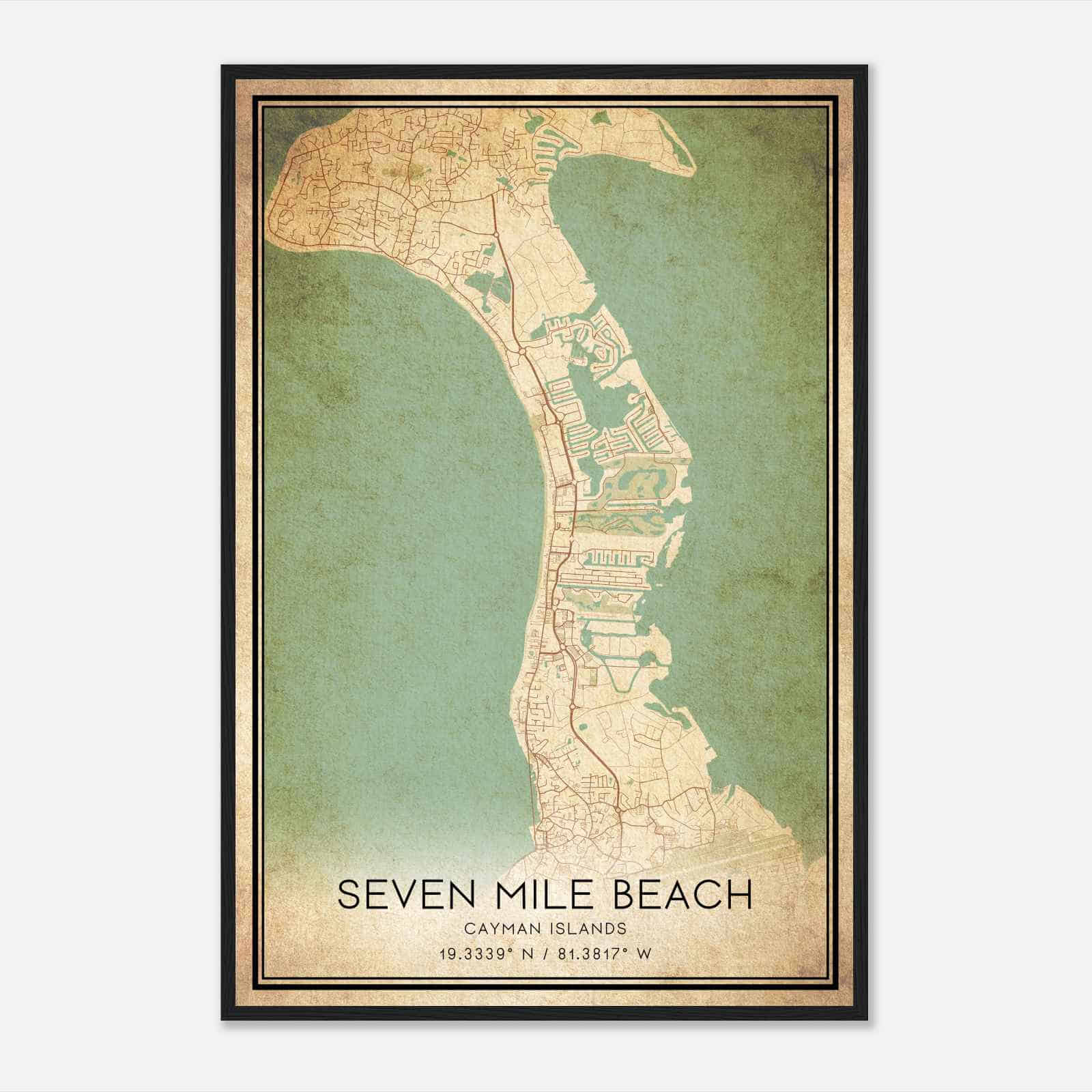 Vintage Seven Mile Beach Cayman Islands Map Poster, Seven Mile Beach City Road Wall Art Print