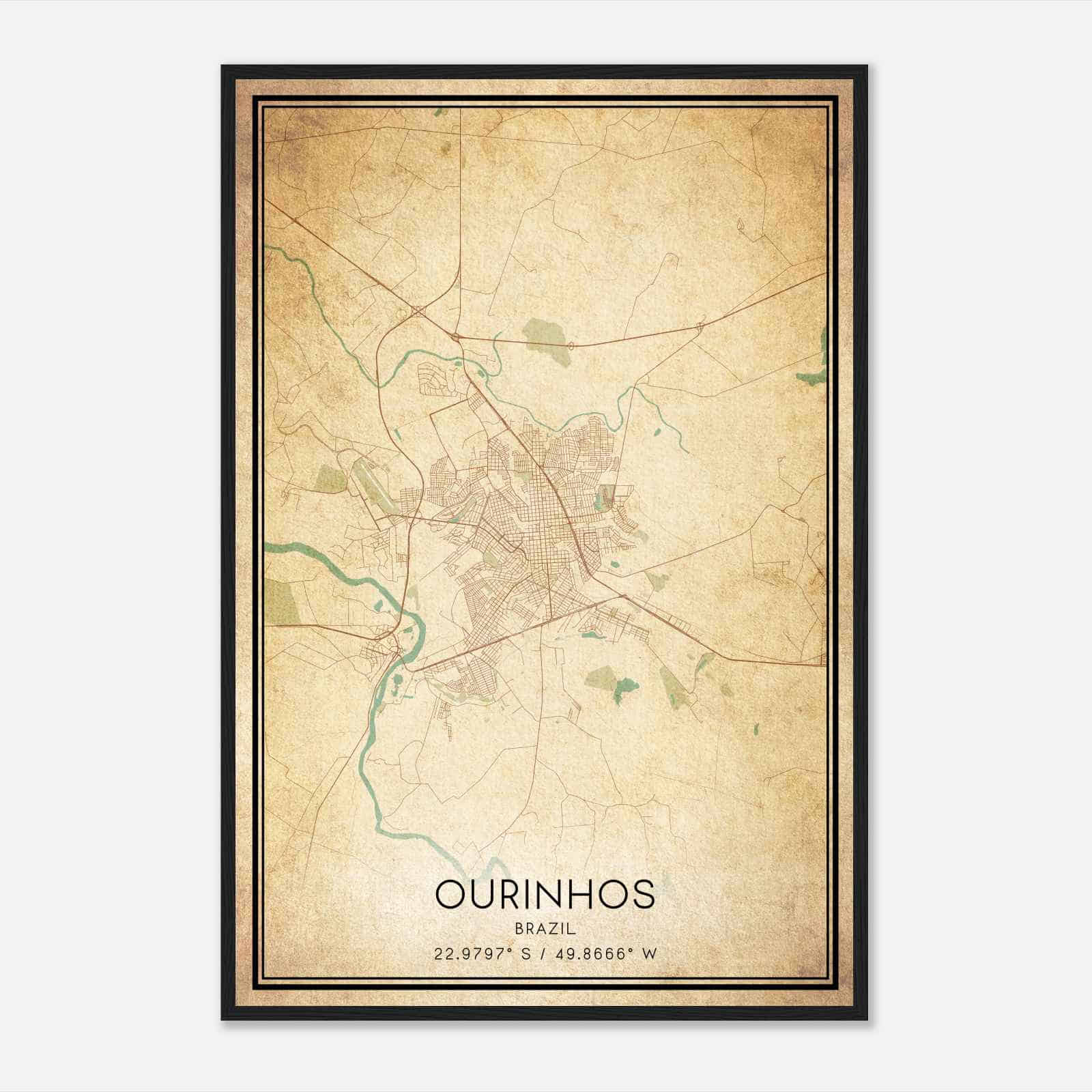 Vintage Ourinhos Brazil Map Poster, Ourinhos City Road Wall Art Print
