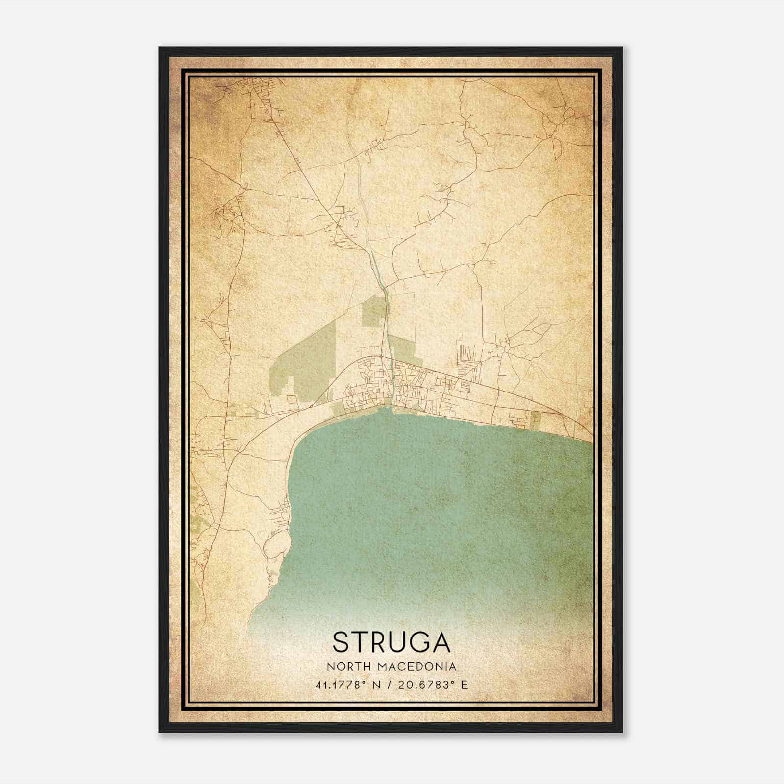 Vintage Struga North Macedonia Map Poster, Struga City Road Wall Art Print