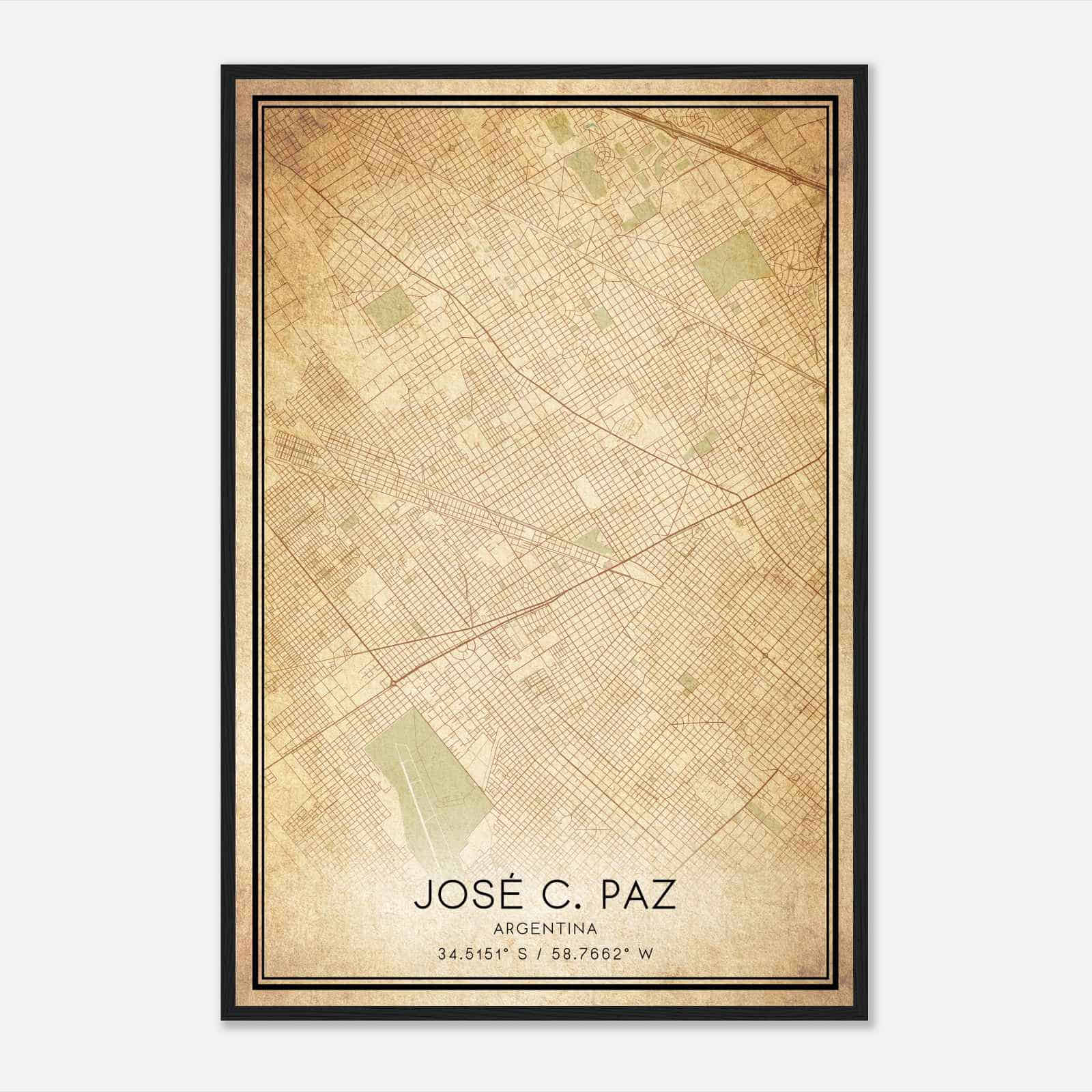 Vintage Jose C Paz Argentina Map Poster, Jose C Paz City Road Wall Art Print