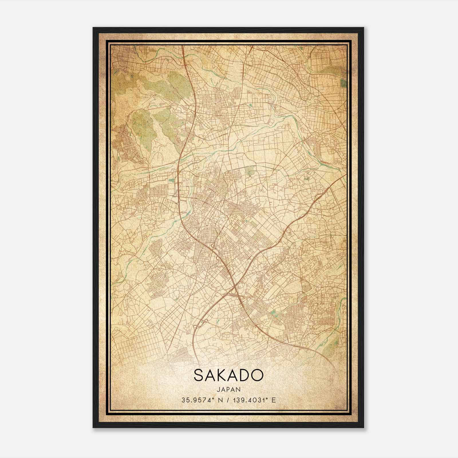 Vintage Sakado Japan Map Poster, Sakado City Road Wall Art Print