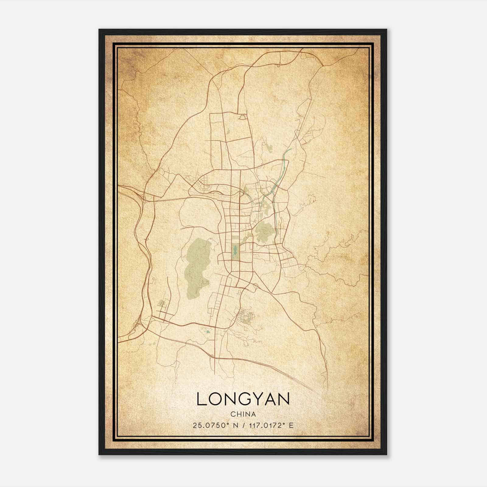 Vintage Longyan China Map Poster, Longyan City Road Wall Art Print