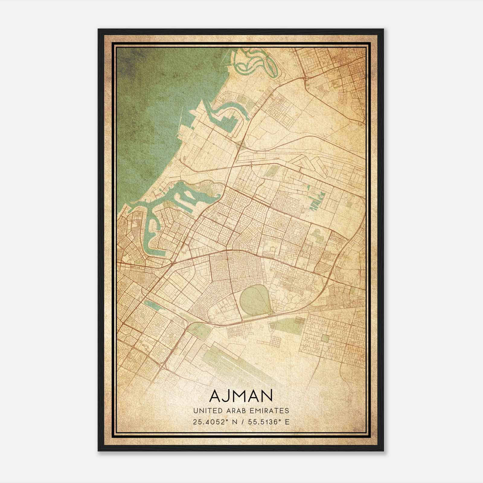 Vintage Ajman United Arab Emirates Map Poster, Ajman City Road Wall Art Print