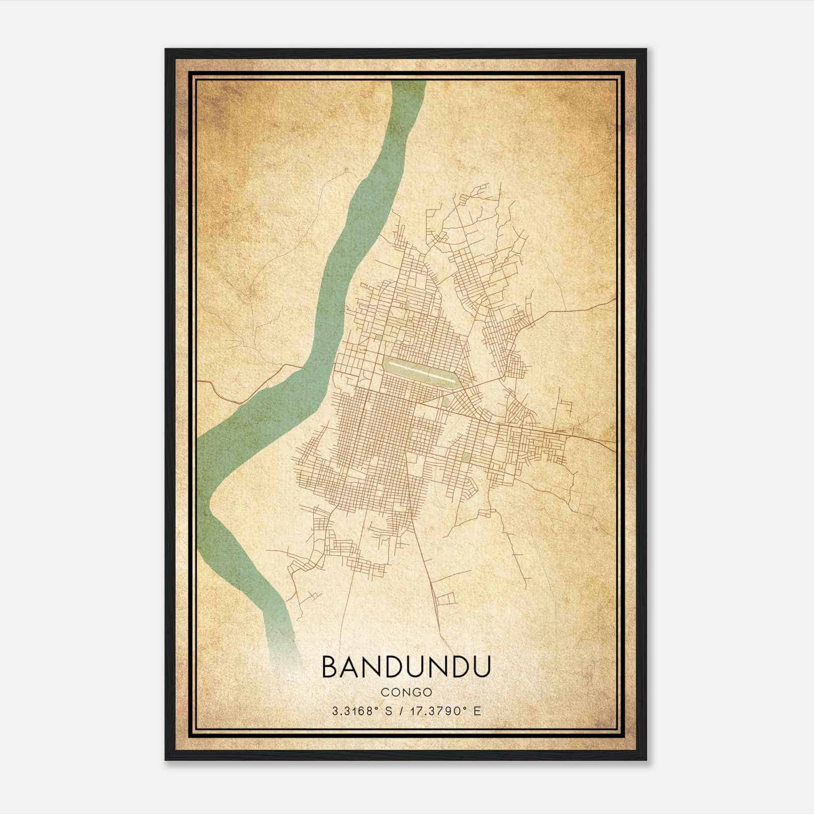 Vintage Bandundu Congo Map Poster, Bandundu City Road Wall Art Print