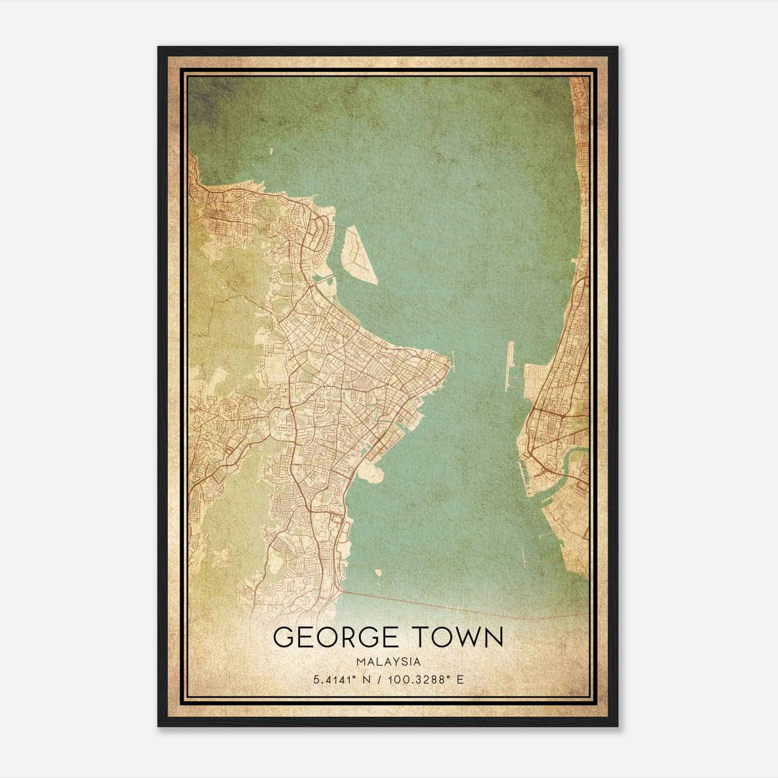 Vintage George Town Malaysia Map Poster, George Town City Road Wall Art Print