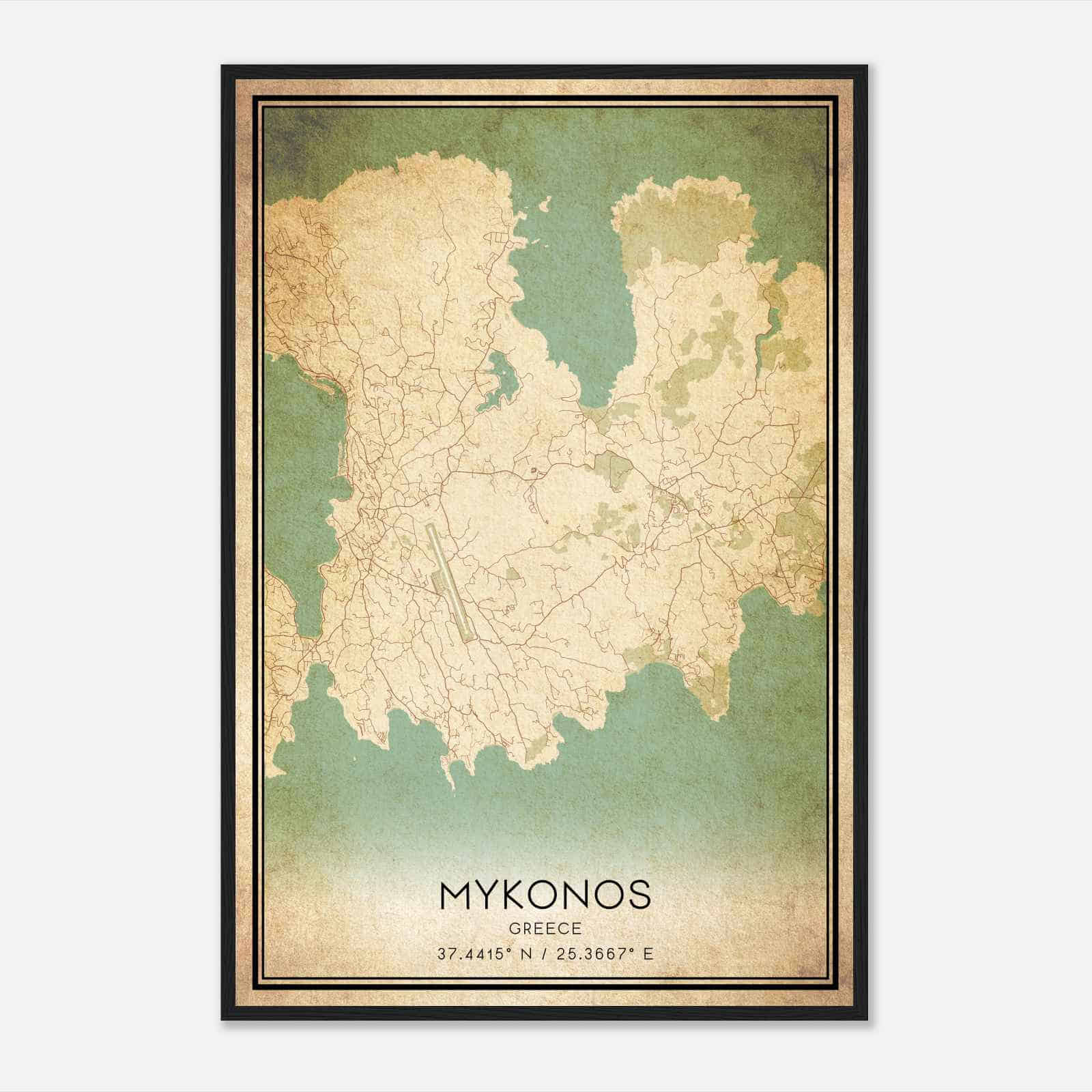 Vintage Mykonos Greece Map Poster, Mykonos City Road Wall Art Print