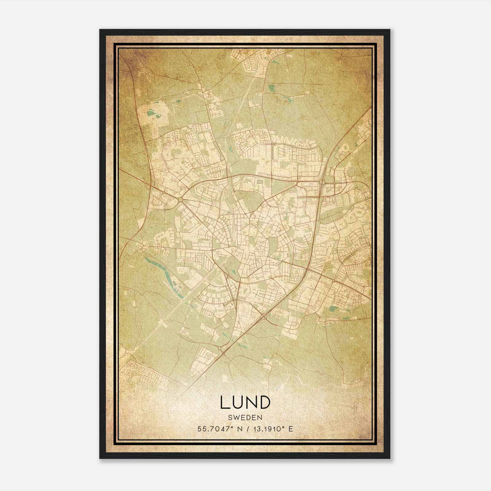 Vintage Lund Sweden Map Poster, Lund City Road Wall Art Print