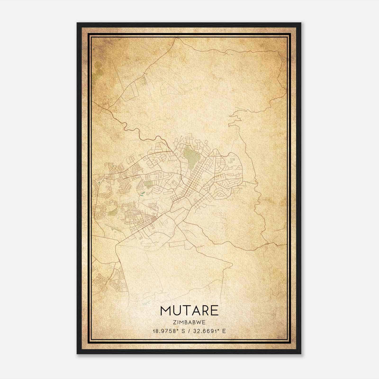Vintage Mutare Zimbabwe Map Poster, Mutare City Road Wall Art Print