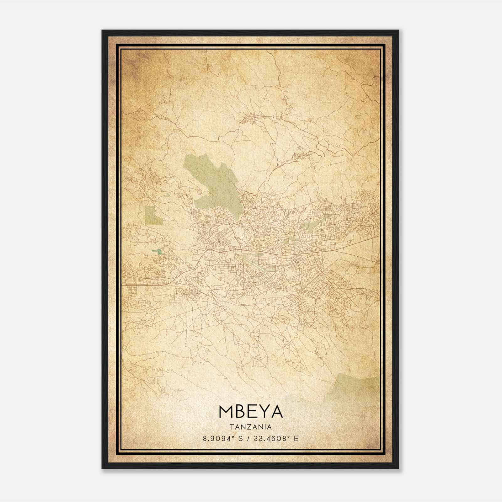 Vintage Mbeya Tanzania Map Poster, Mbeya City Road Wall Art Print
