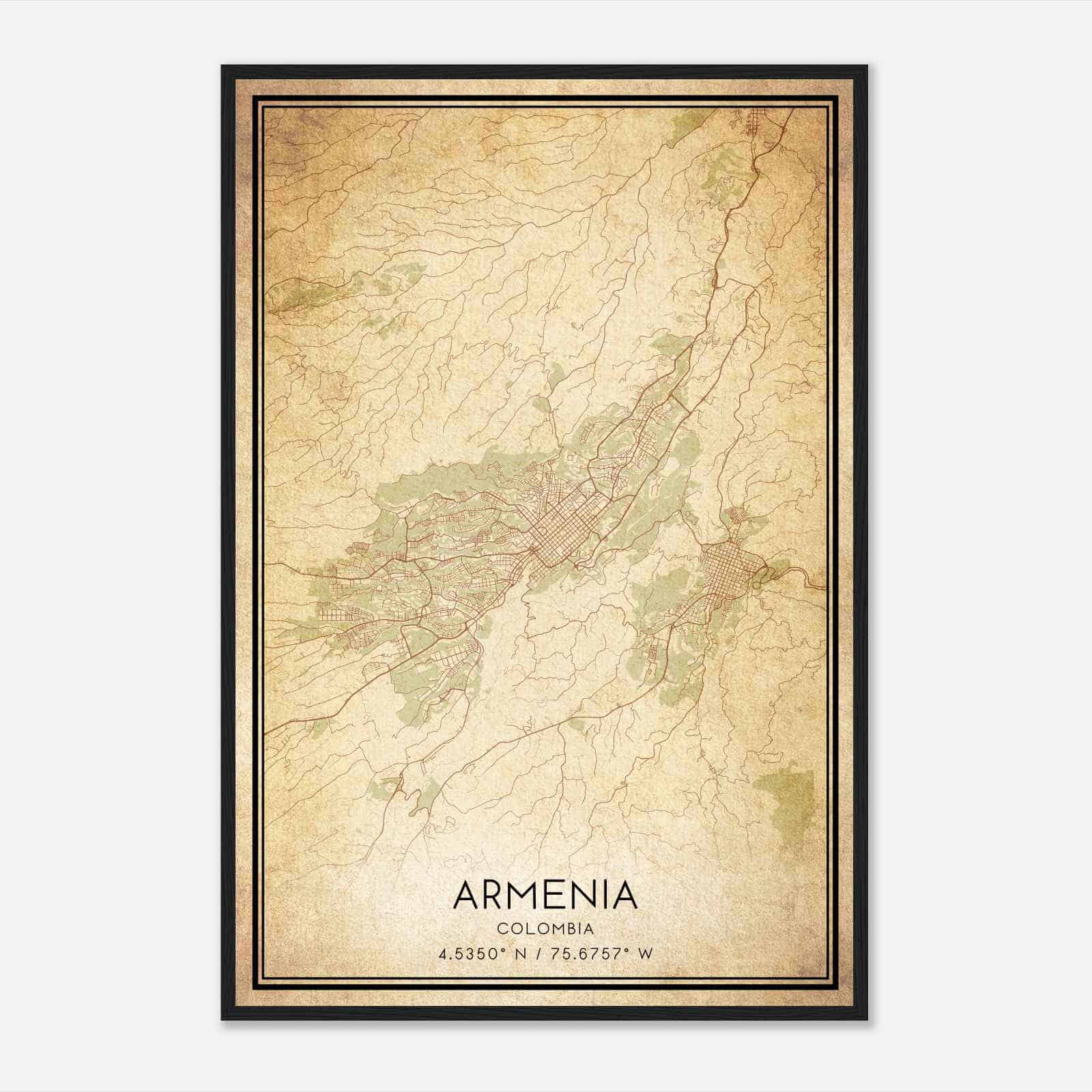 Vintage Armenia Colombia Map Poster, Armenia City Road Wall Art Print
