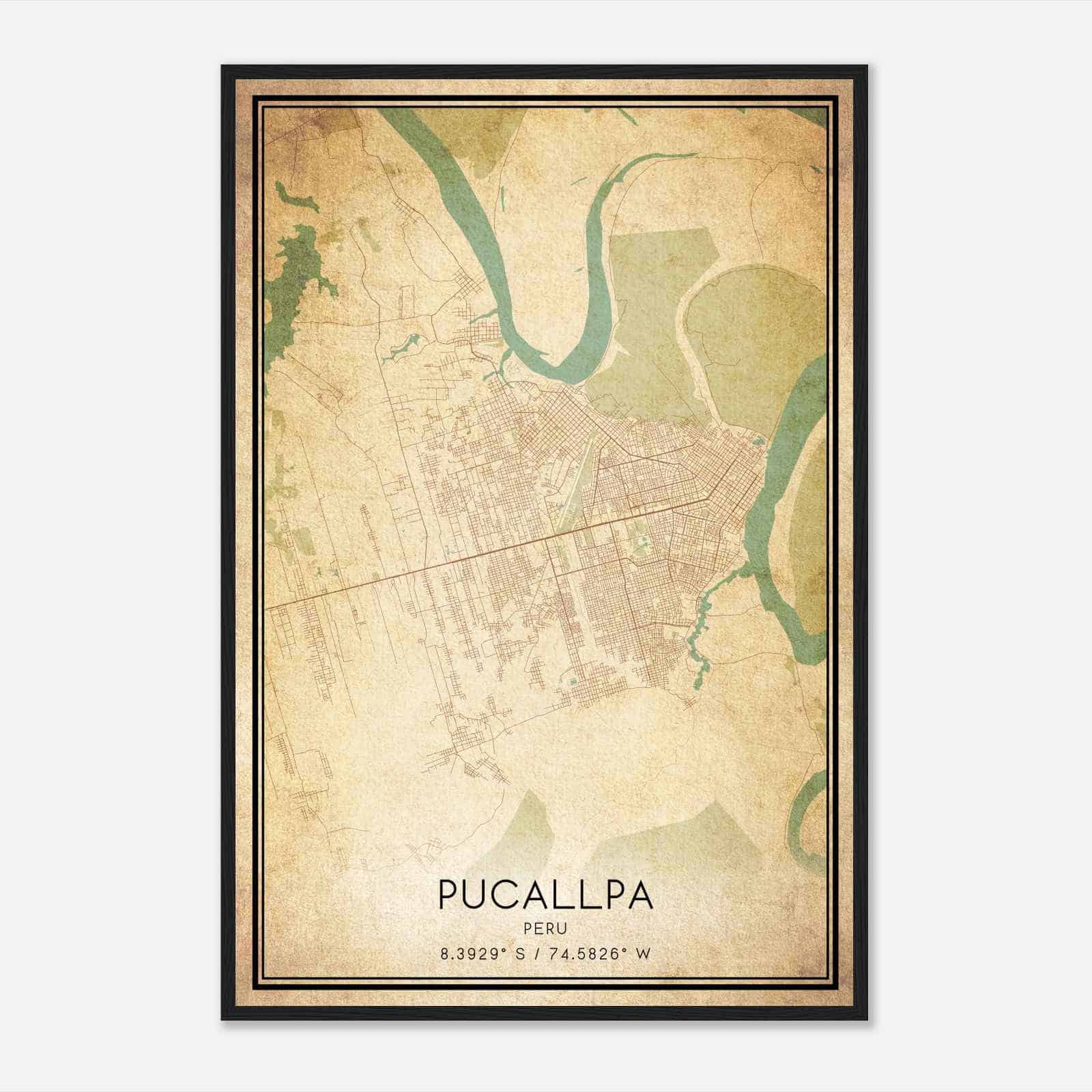 Vintage Pucallpa Peru Map Poster, Pucallpa City Road Wall Art Print