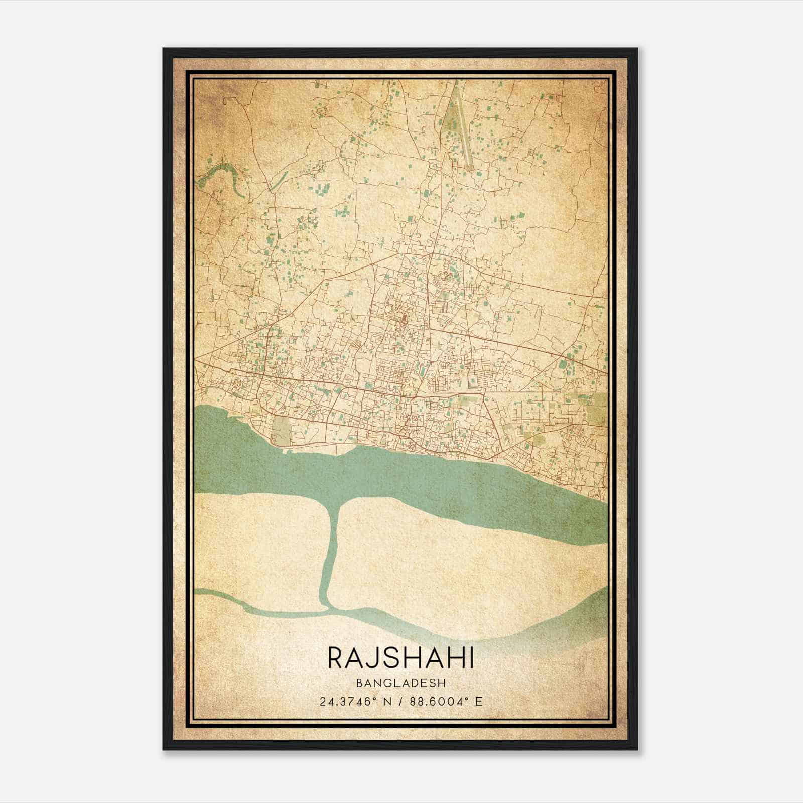 Vintage Rajshahi Bangladesh Map Poster, Rajshahi City Road Wall Art Print