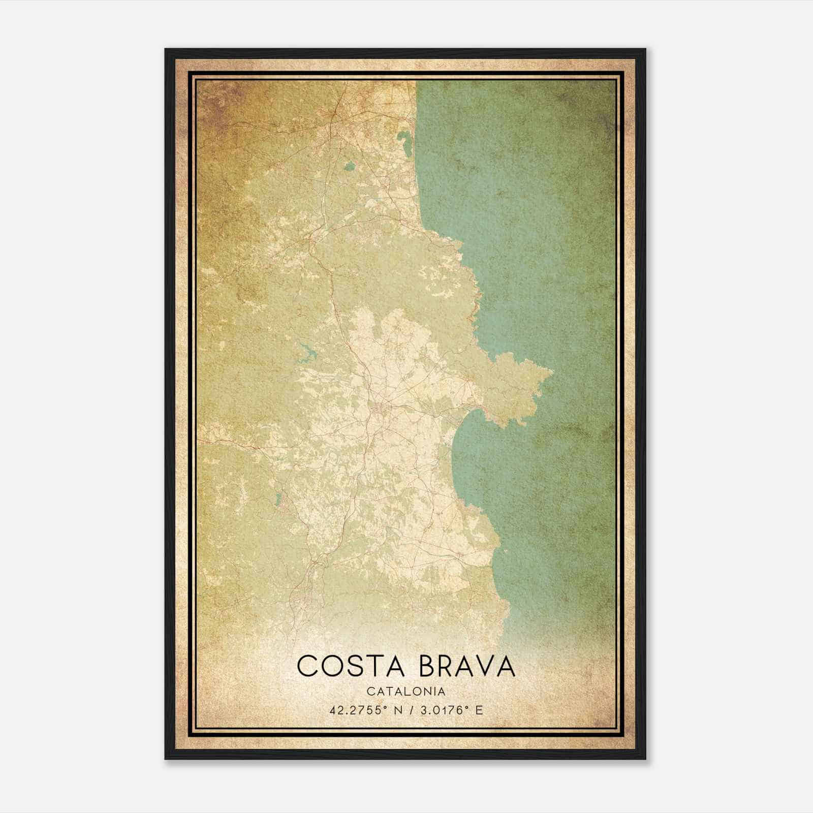 Vintage Costa Brava Catalonia Map Poster, Costa Brava City Road Wall Art Print