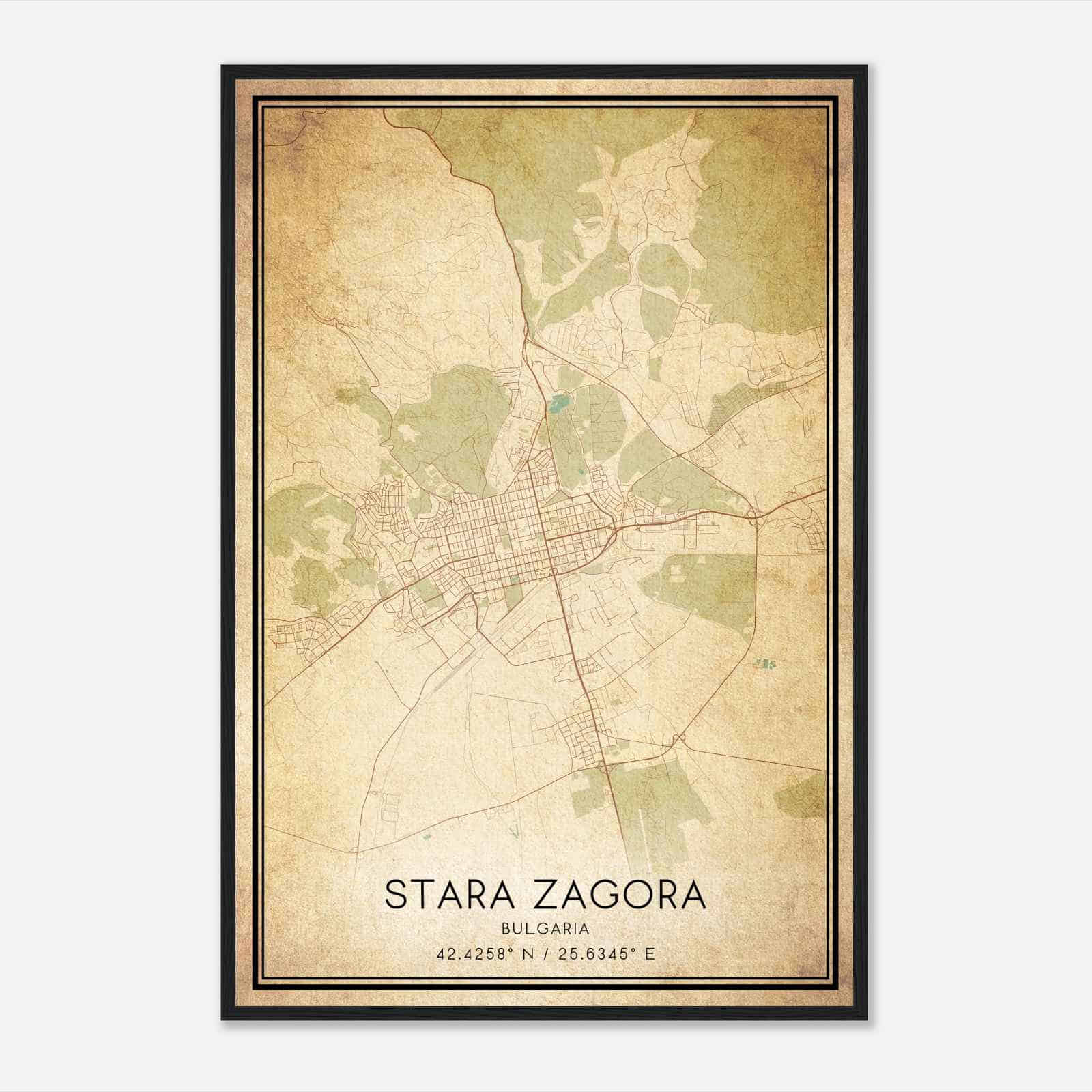 Vintage Stara Zagora Bulgaria Map Poster, Stara Zagora City Road Wall Art Print