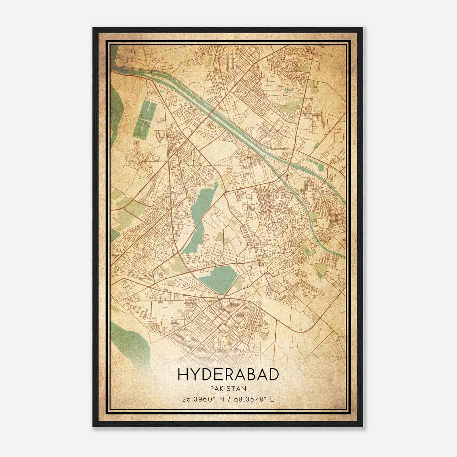 Vintage Hyderabad Pakistan Map Poster, Hyderabad City Road Wall Art Print