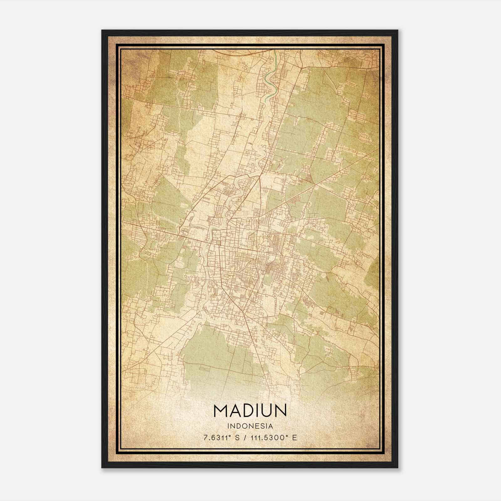 Vintage Madiun Indonesia Map Poster, Madiun City Road Wall Art Print