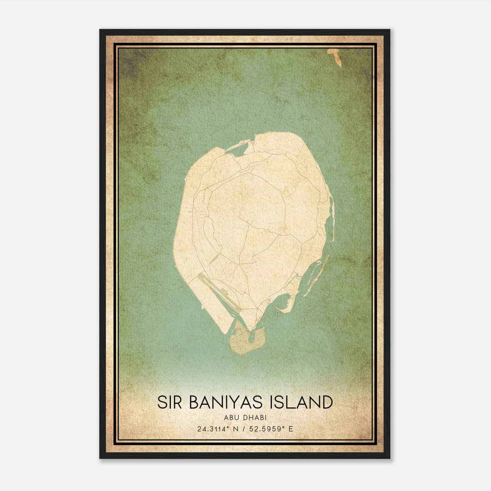 Vintage Sir Baniyas Island Abu Dhabi Map Poster, Sir Baniyas Island City Road Wall Art Print