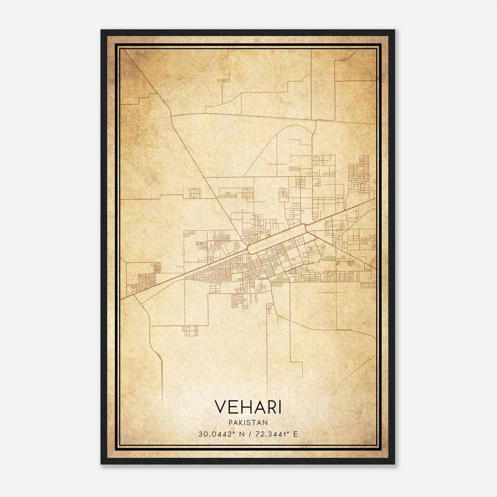 Vintage Vehari Pakistan Map Poster, Vehari City Road Wall Art Print