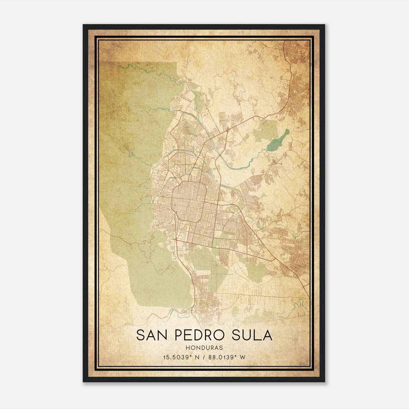 Vintage San Pedro Sula Honduras Map Poster, San Pedro Sula City Road Wall Art Print