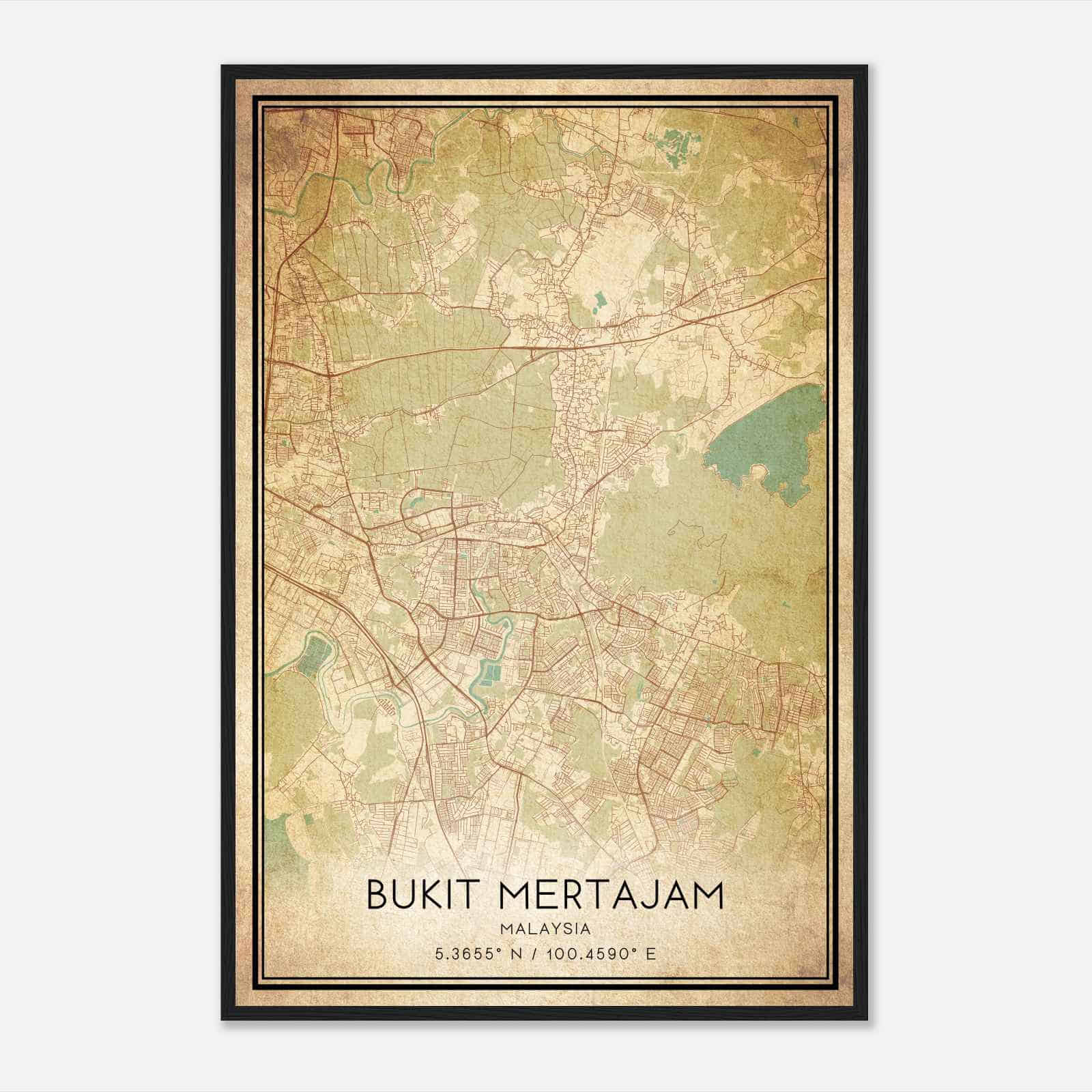 Vintage Bukit Mertajam Malaysia Map Poster, Bukit Mertajam City Road Wall Art Print