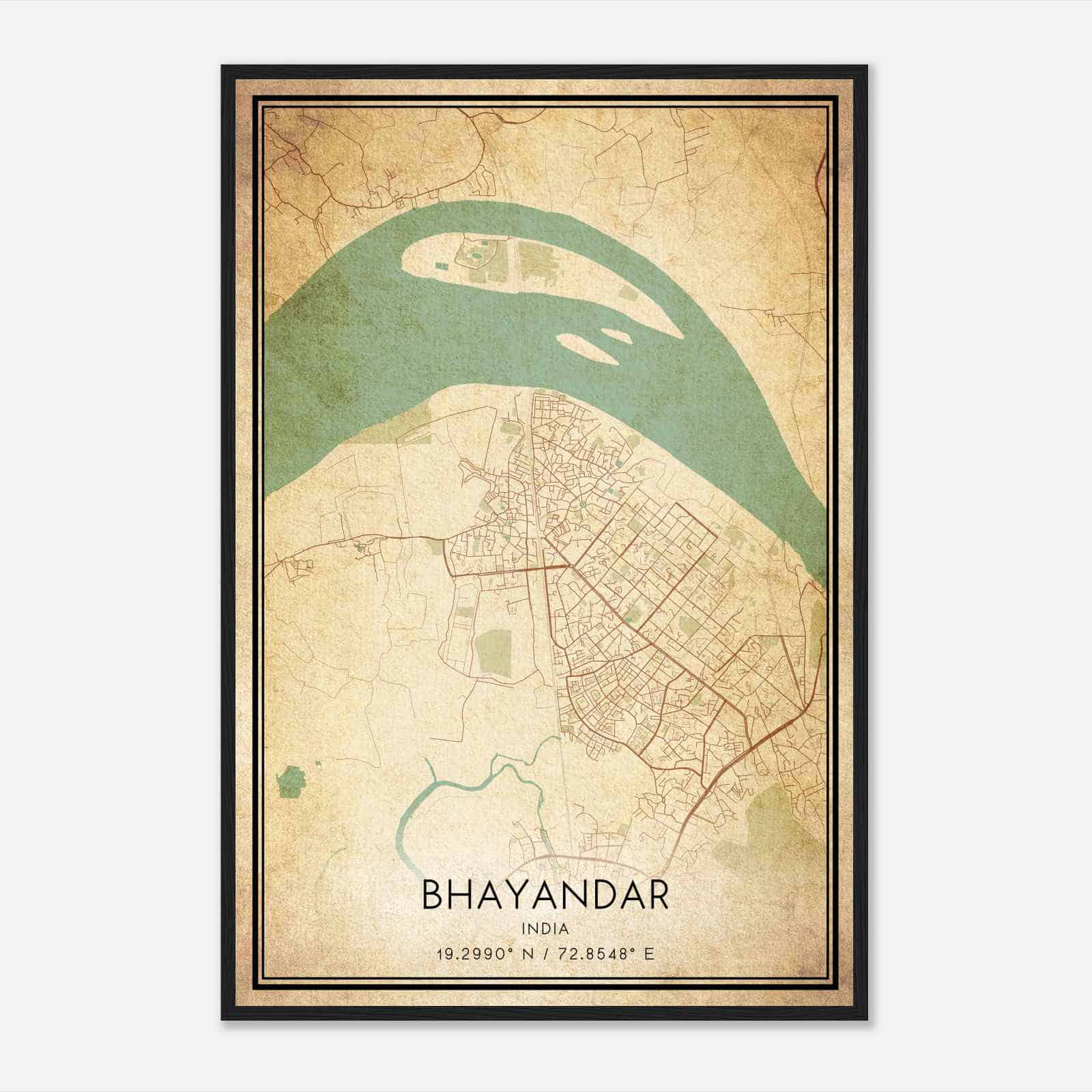 Vintage Bhayandar India Map Poster, Bhayandar City Road Wall Art Print