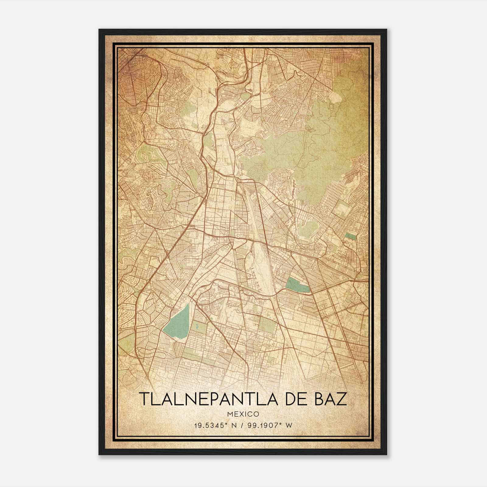 Vintage Tlalnepantla de Baz Mexico Map Poster, Tlalnepantla de Baz City Road Wall Art Print