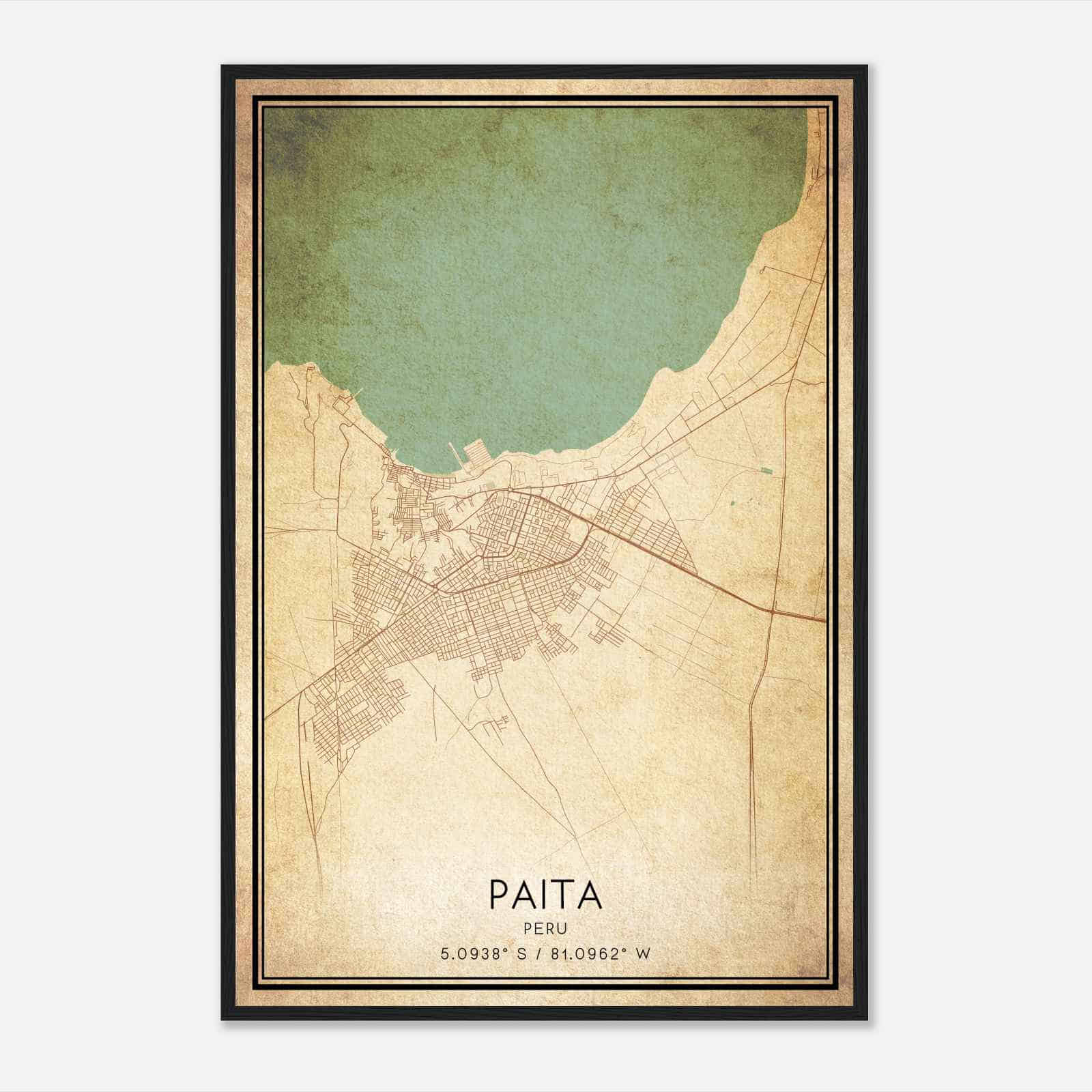 Vintage Paita Peru Map Poster, Paita City Road Wall Art Print