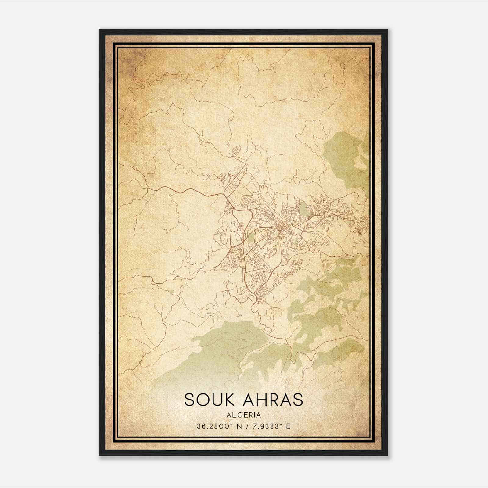 Vintage Souk Ahras Algeria Map Poster, Souk Ahras City Road Wall Art Print