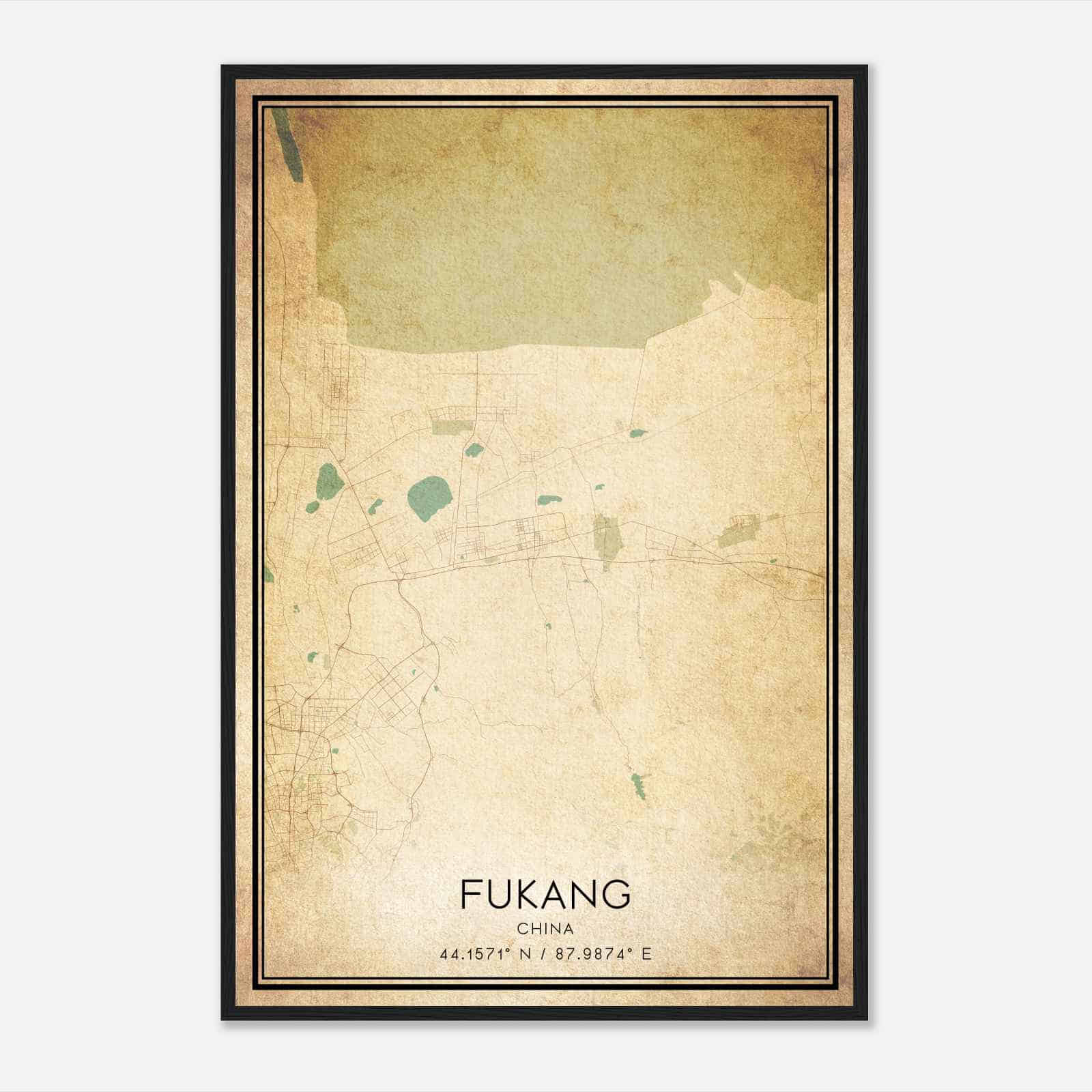 Vintage Fukang China Map Poster, Fukang City Road Wall Art Print