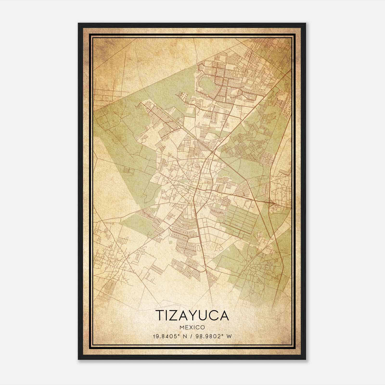Vintage Tizayuca Mexico Map Poster, Tizayuca City Road Wall Art Print
