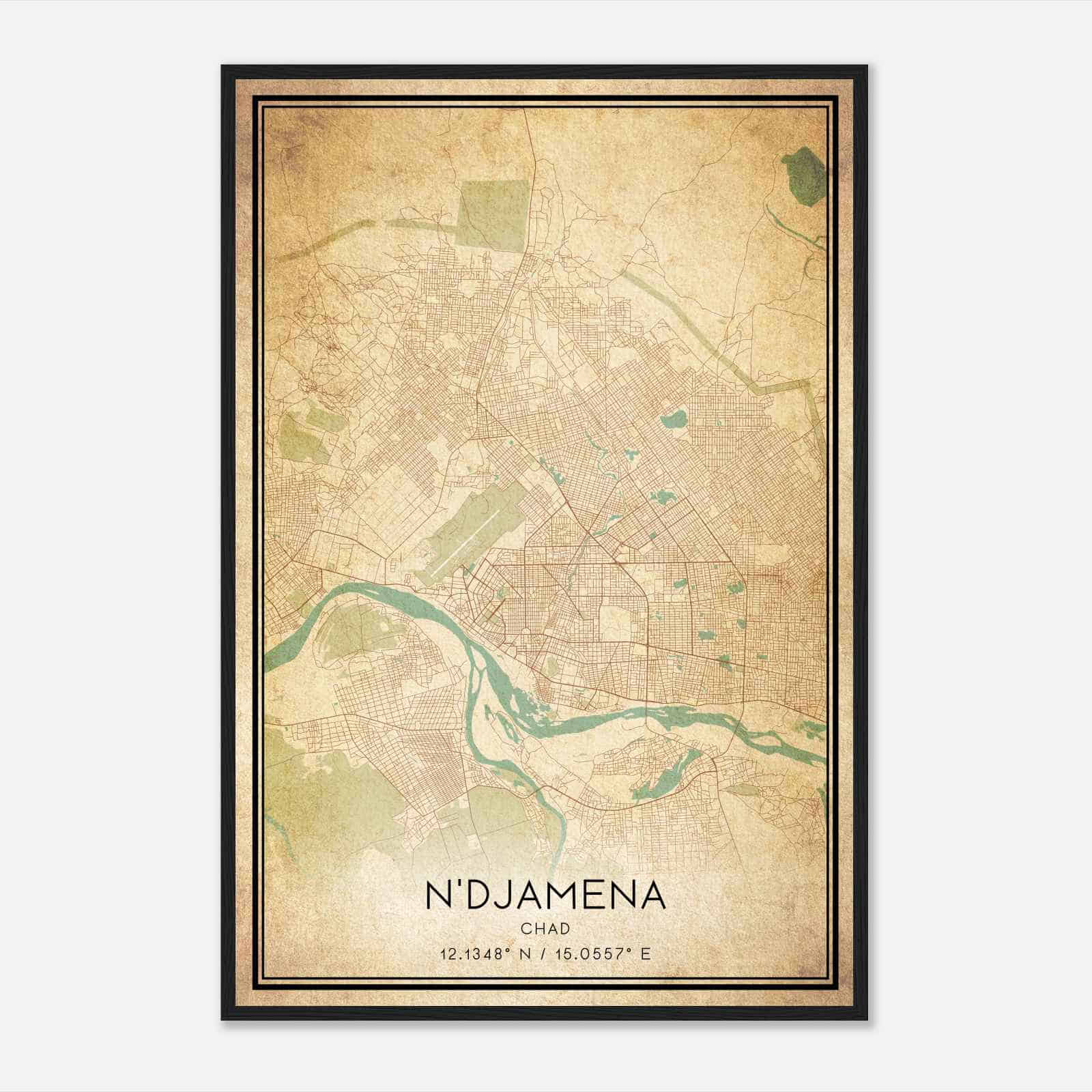 Vintage NDjamena Chad Map Poster, NDjamena City Road Wall Art Print