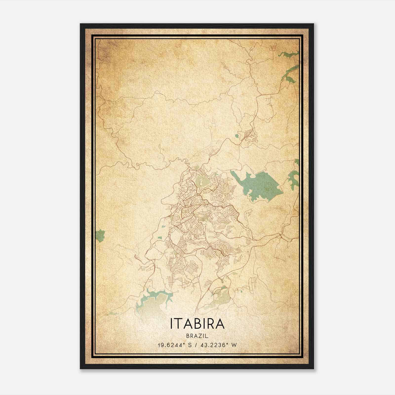Vintage Itabira Brazil Map Poster, Itabira City Road Wall Art Print