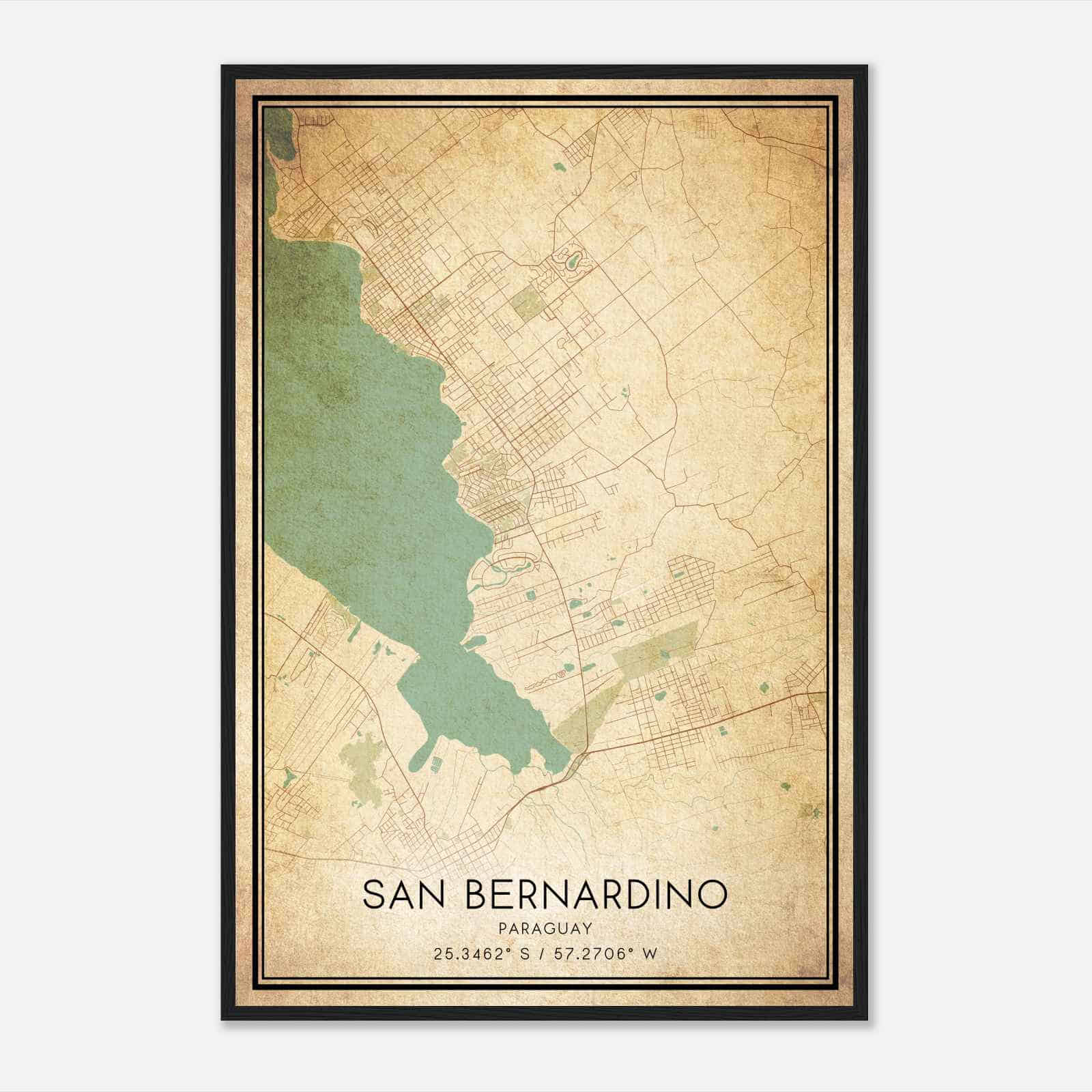 Vintage San Bernardino Paraguay Map Poster, San Bernardino City Road Wall Art Print