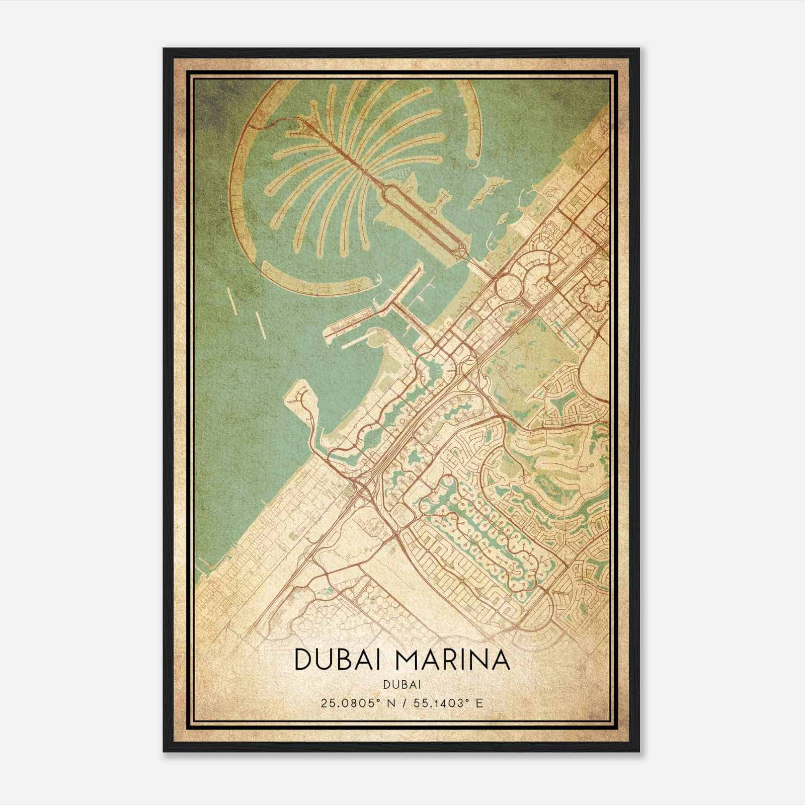 Vintage Dubai Marina Dubai Map Poster, Dubai Marina City Road Wall Art Print
