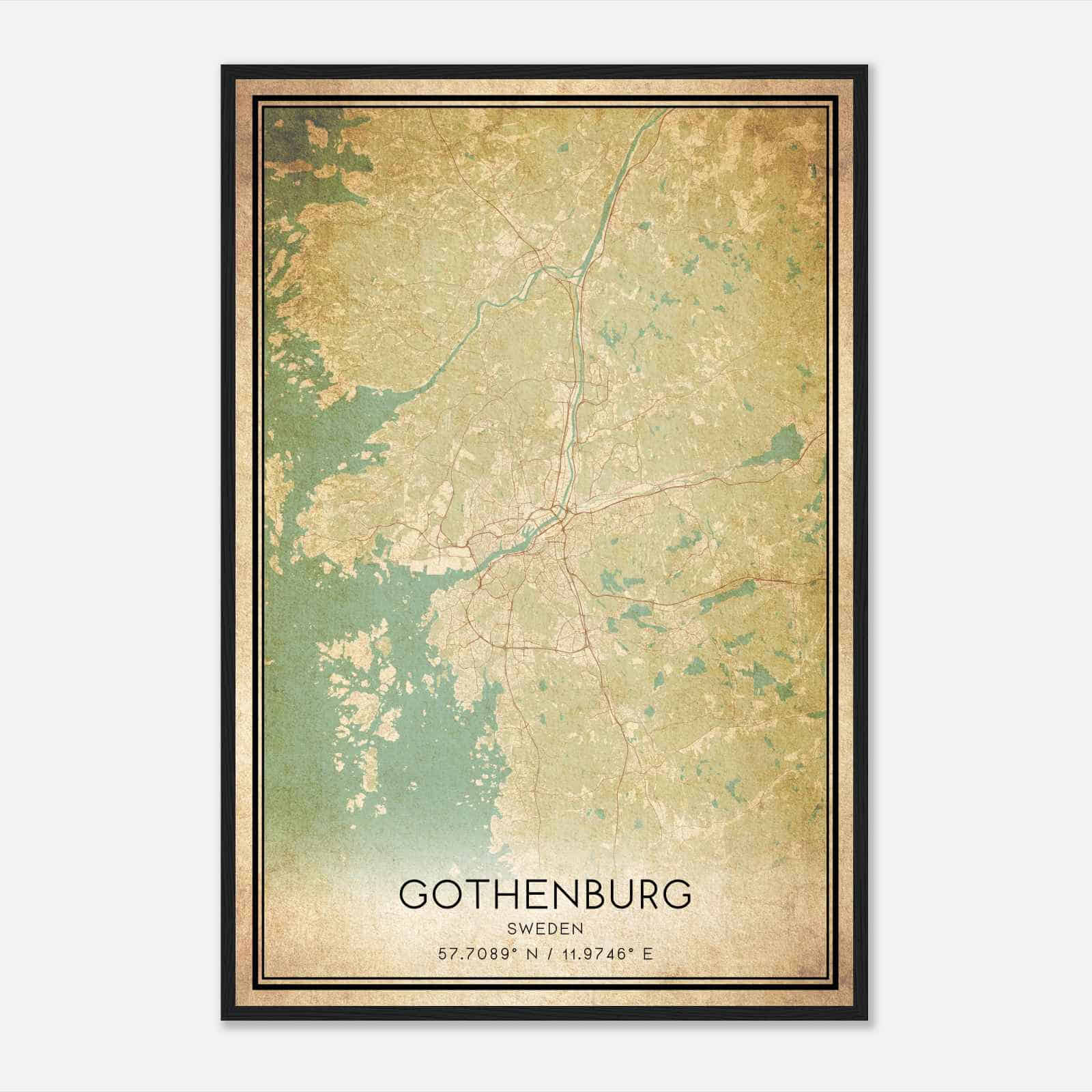 Vintage Gothenburg Sweden Map Poster, Gothenburg City Road Wall Art Print