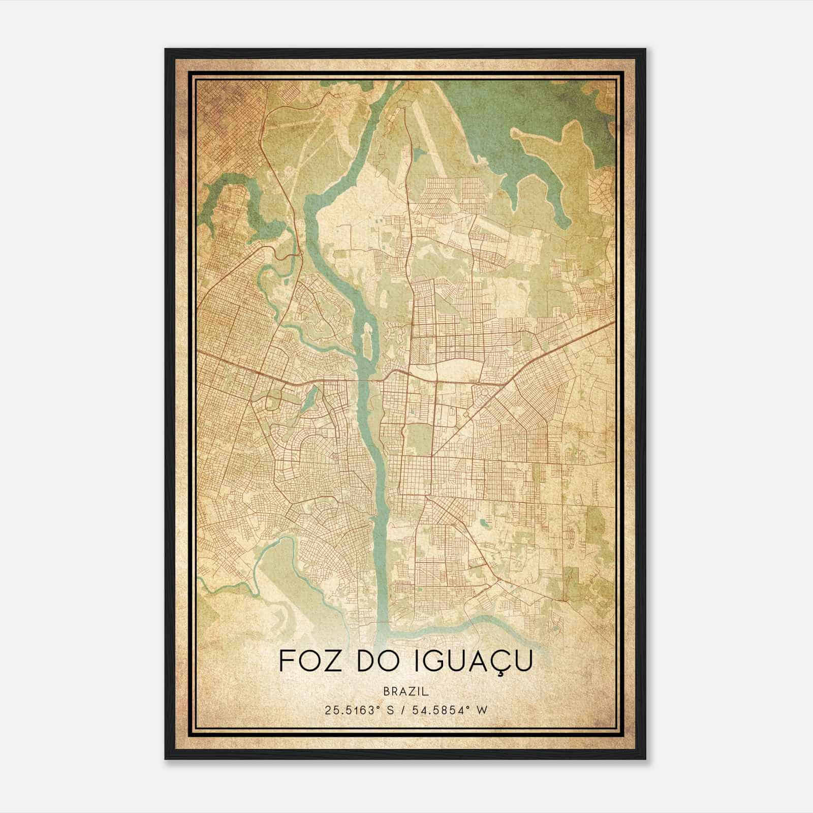 Vintage Foz do Iguacu Brazil Map Poster, Foz do Iguacu City Road Wall Art Print