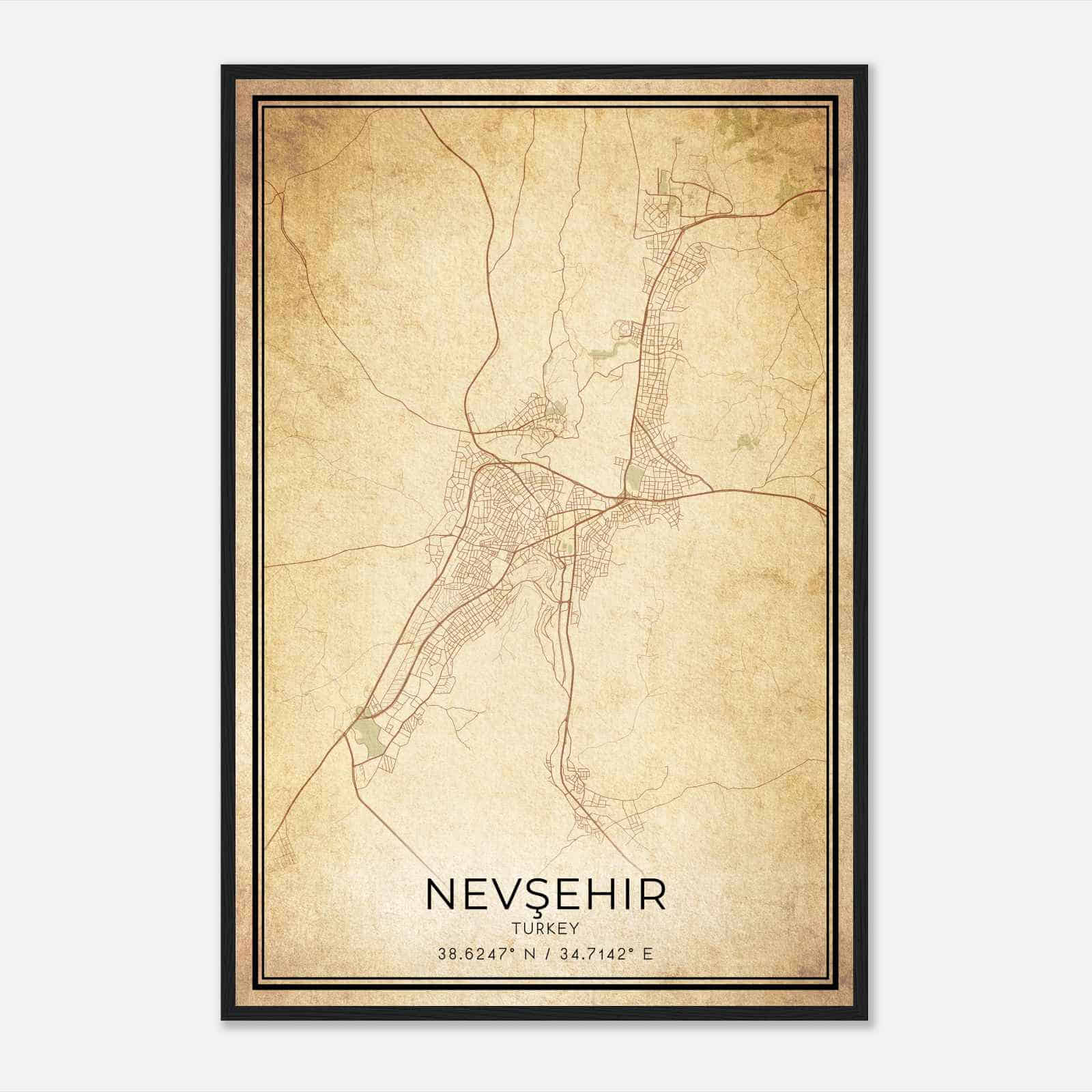 Vintage Nevsehir Turkey Map Poster, Nevsehir City Road Wall Art Print