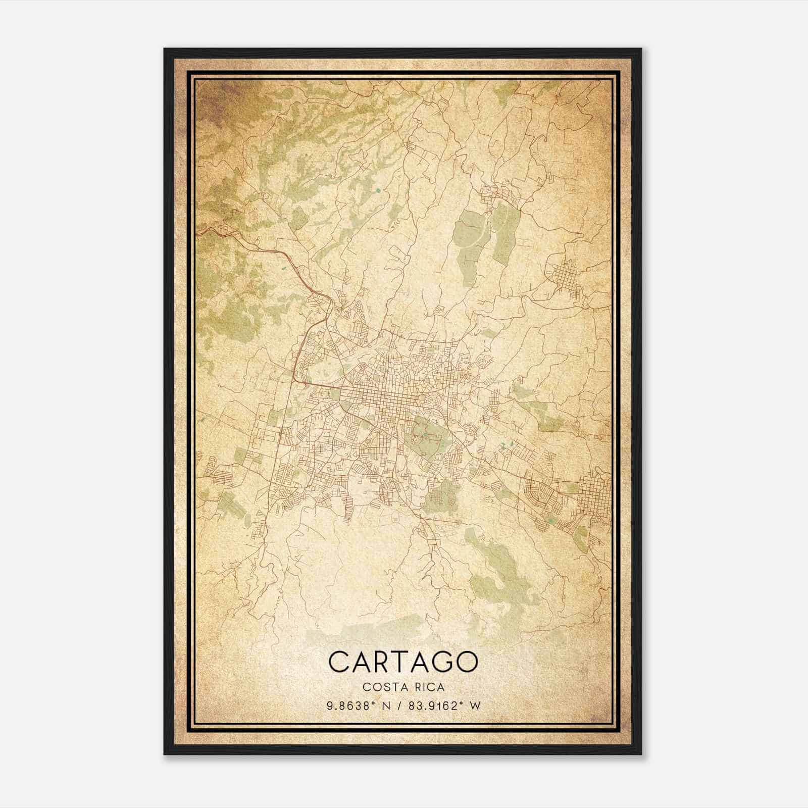 Vintage Cartago Costa Rica Map Poster, Cartago City Road Wall Art Print