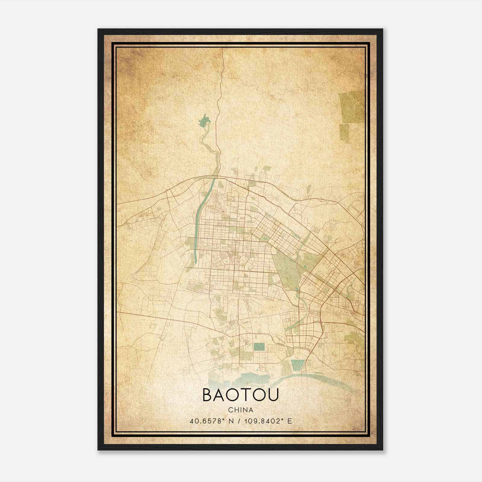 Vintage Baotou China Map Poster, Baotou City Road Wall Art Print
