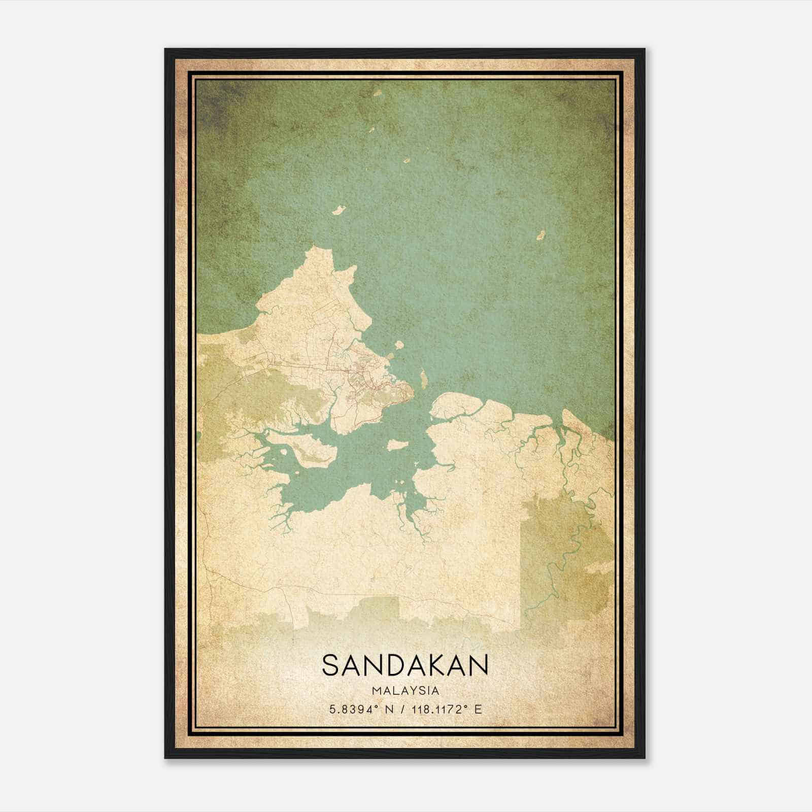 Vintage Sandakan Malaysia Map Poster, Sandakan City Road Wall Art Print