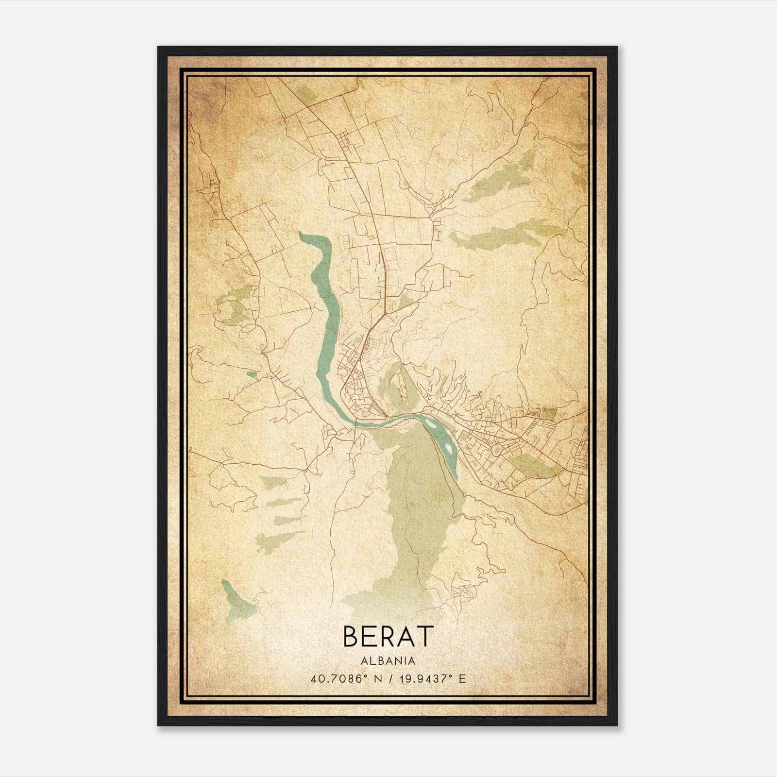 Vintage Berat Albania Map Poster, Berat City Road Wall Art Print