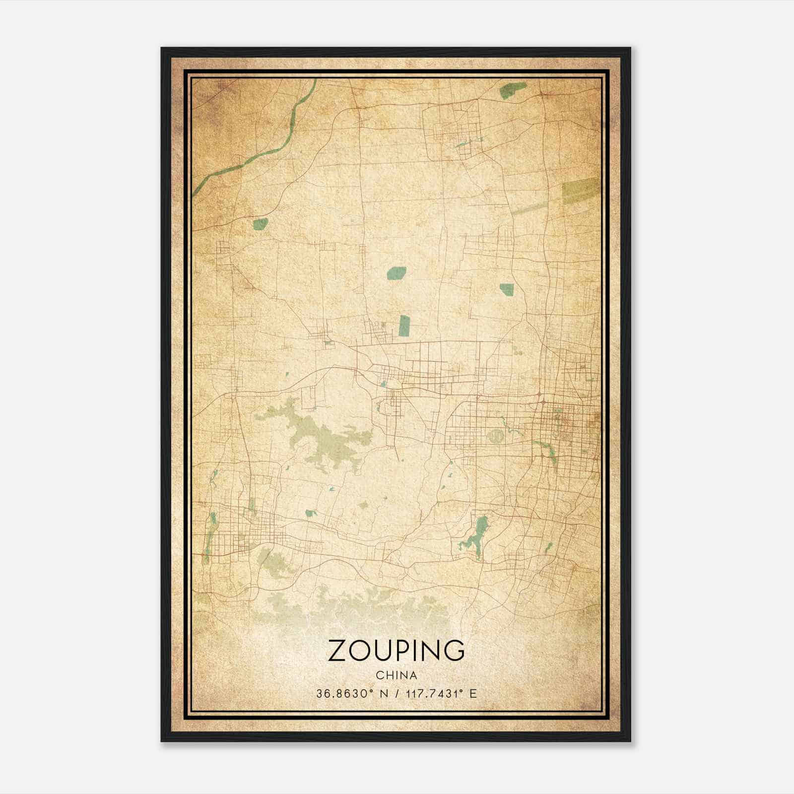 Vintage Zouping China Map Poster, Zouping City Road Wall Art Print