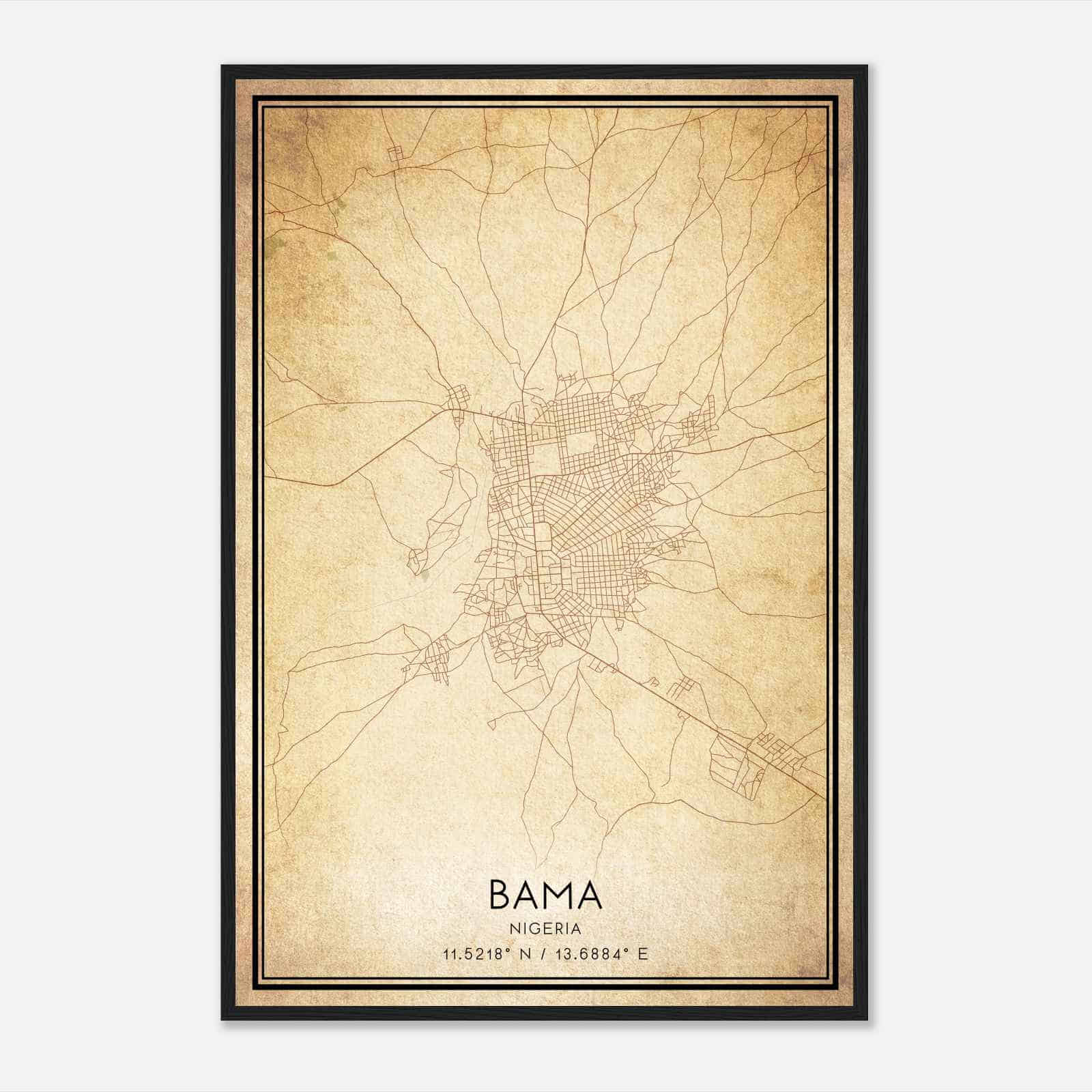 Vintage Bama Nigeria Map Poster, Bama City Road Wall Art Print