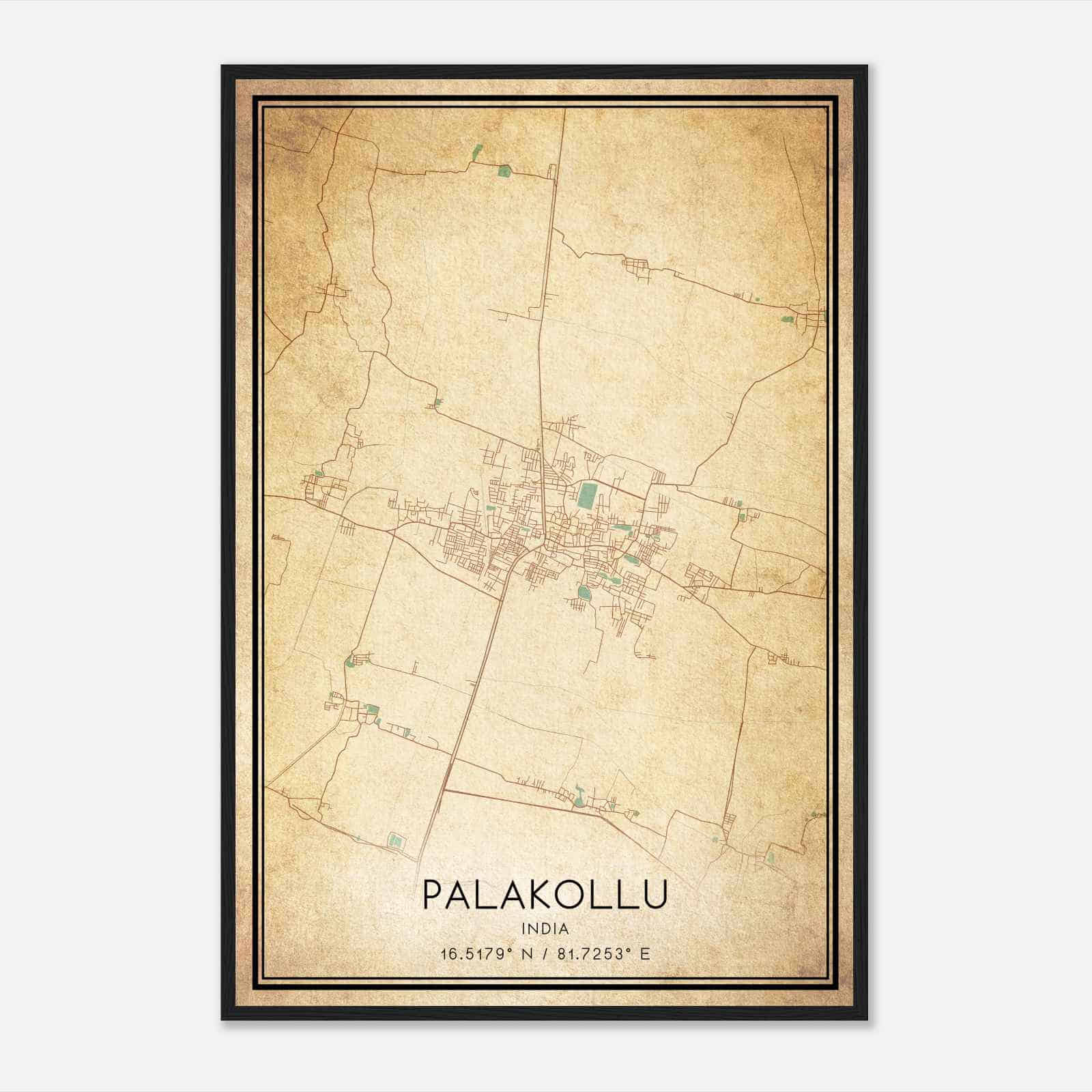 Vintage Palakollu India Map Poster, Palakollu City Road Wall Art Print