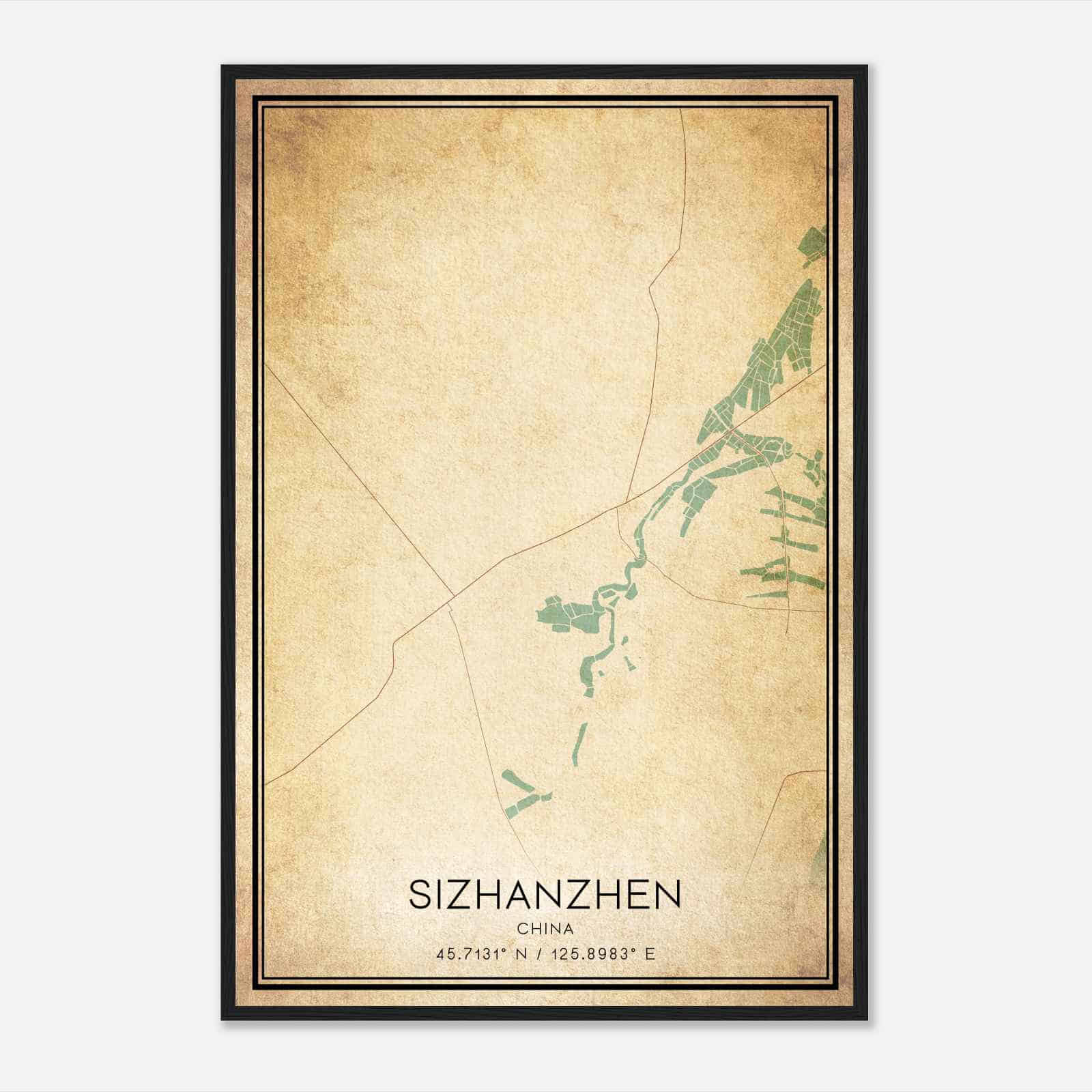 Vintage Sizhanzhen China Map Poster, Sizhanzhen City Road Wall Art Print