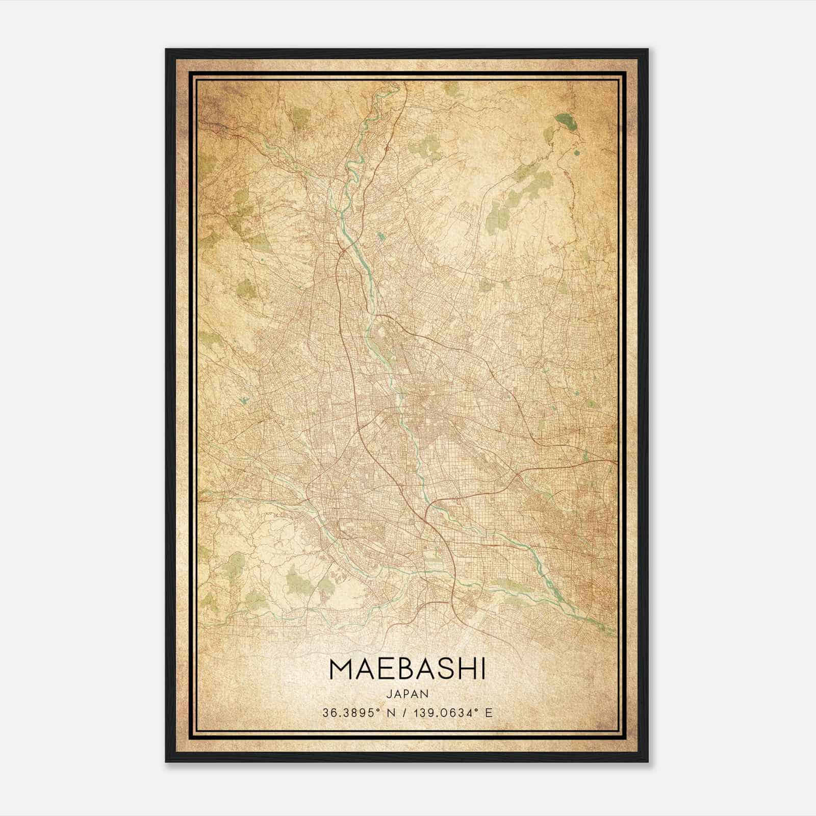 Vintage Maebashi Japan Map Poster, Maebashi City Road Wall Art Print