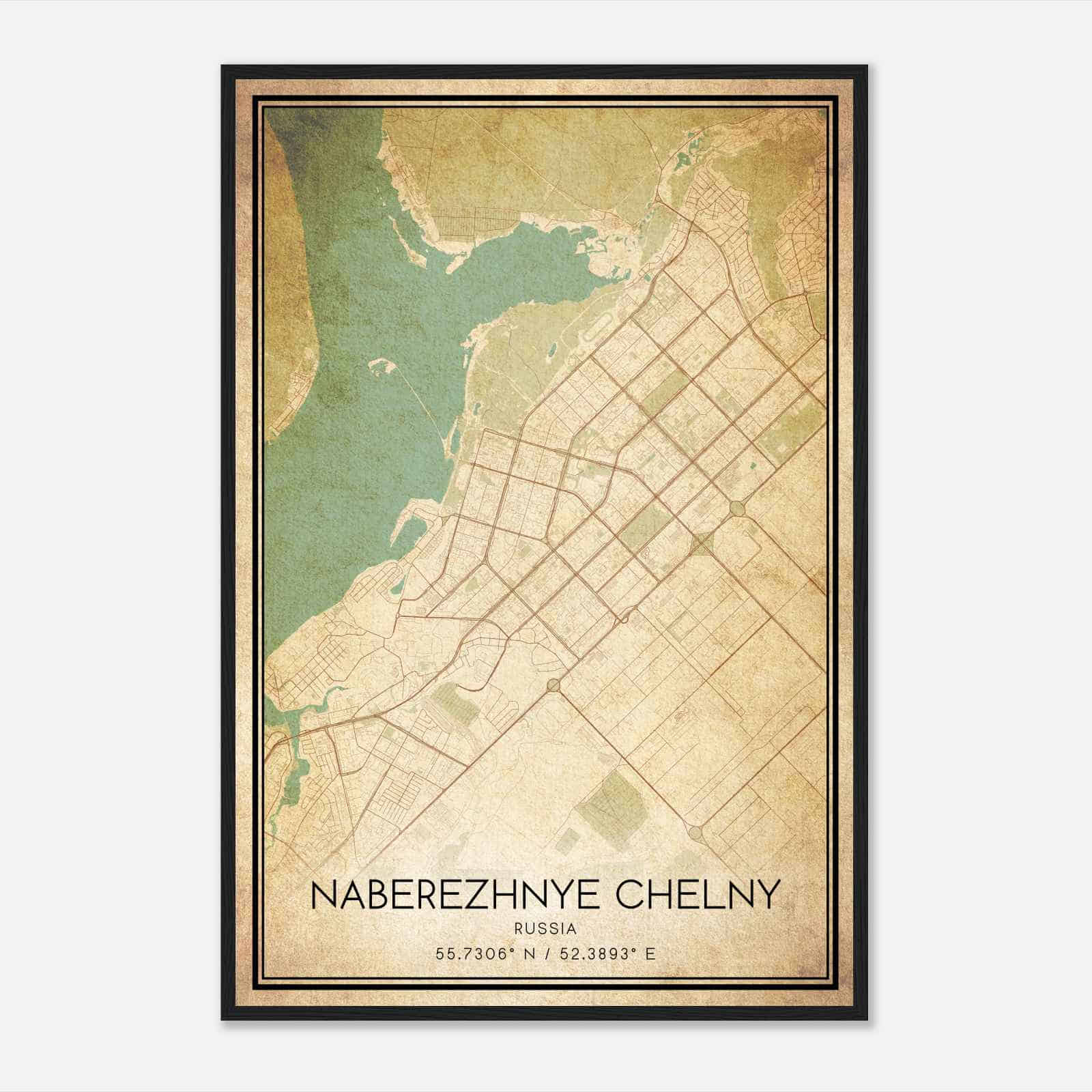 Vintage Naberezhnye Chelny Russia Map Poster, Naberezhnye Chelny City Road Wall Art Print