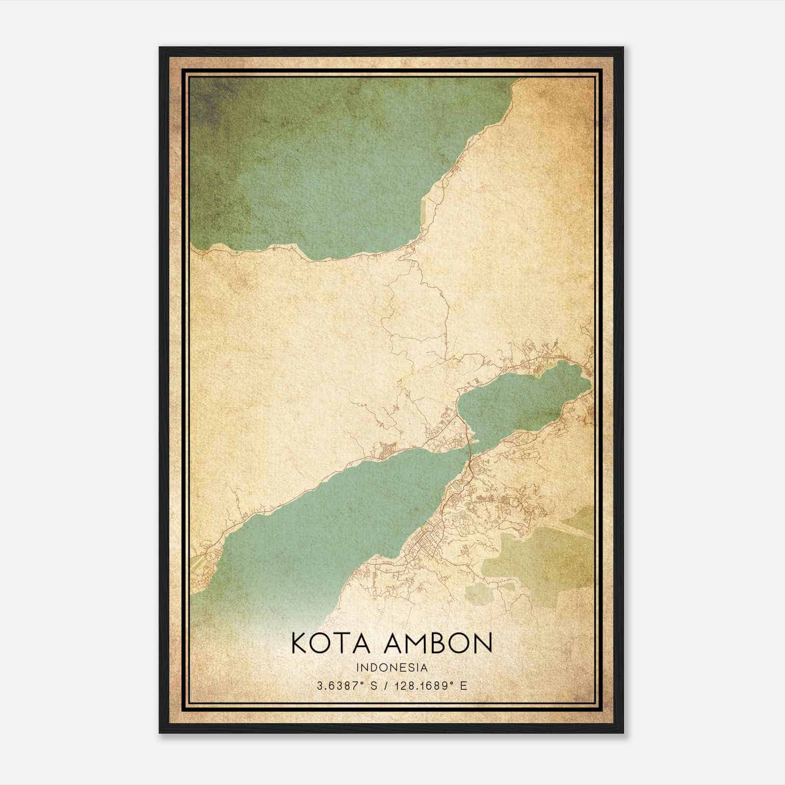 Vintage Kota Ambon Indonesia Map Poster, Kota Ambon City Road Wall Art Print
