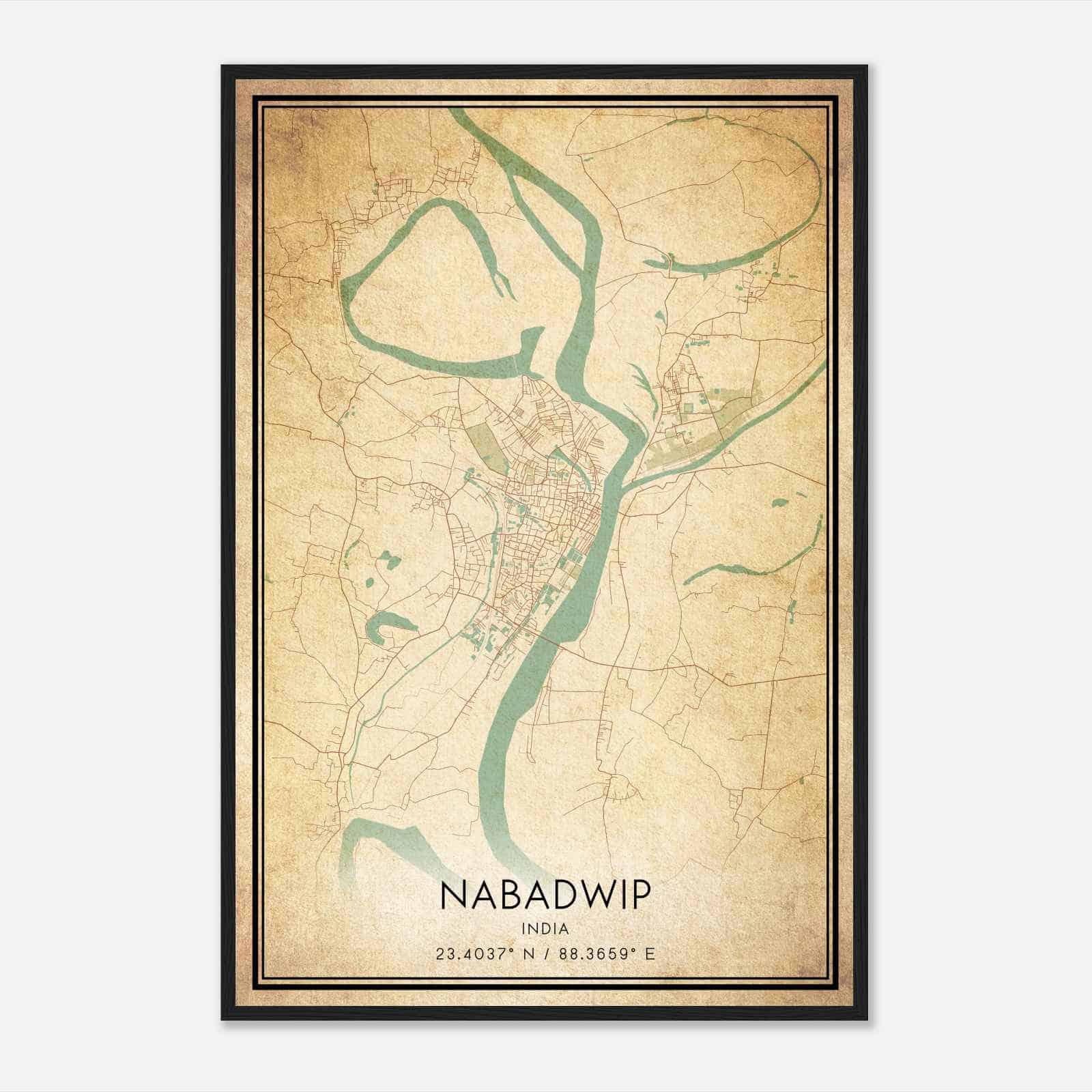 Vintage Nabadwip India Map Poster, Nabadwip City Road Wall Art Print